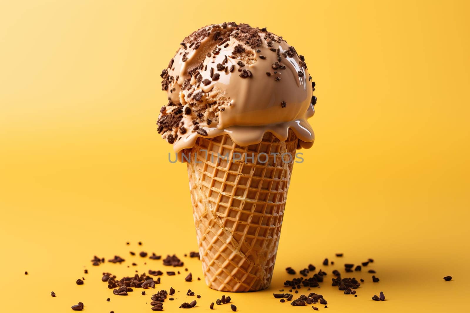A cone of chocolate ice cream on a yellow background sprinkled with chocolate close-up.