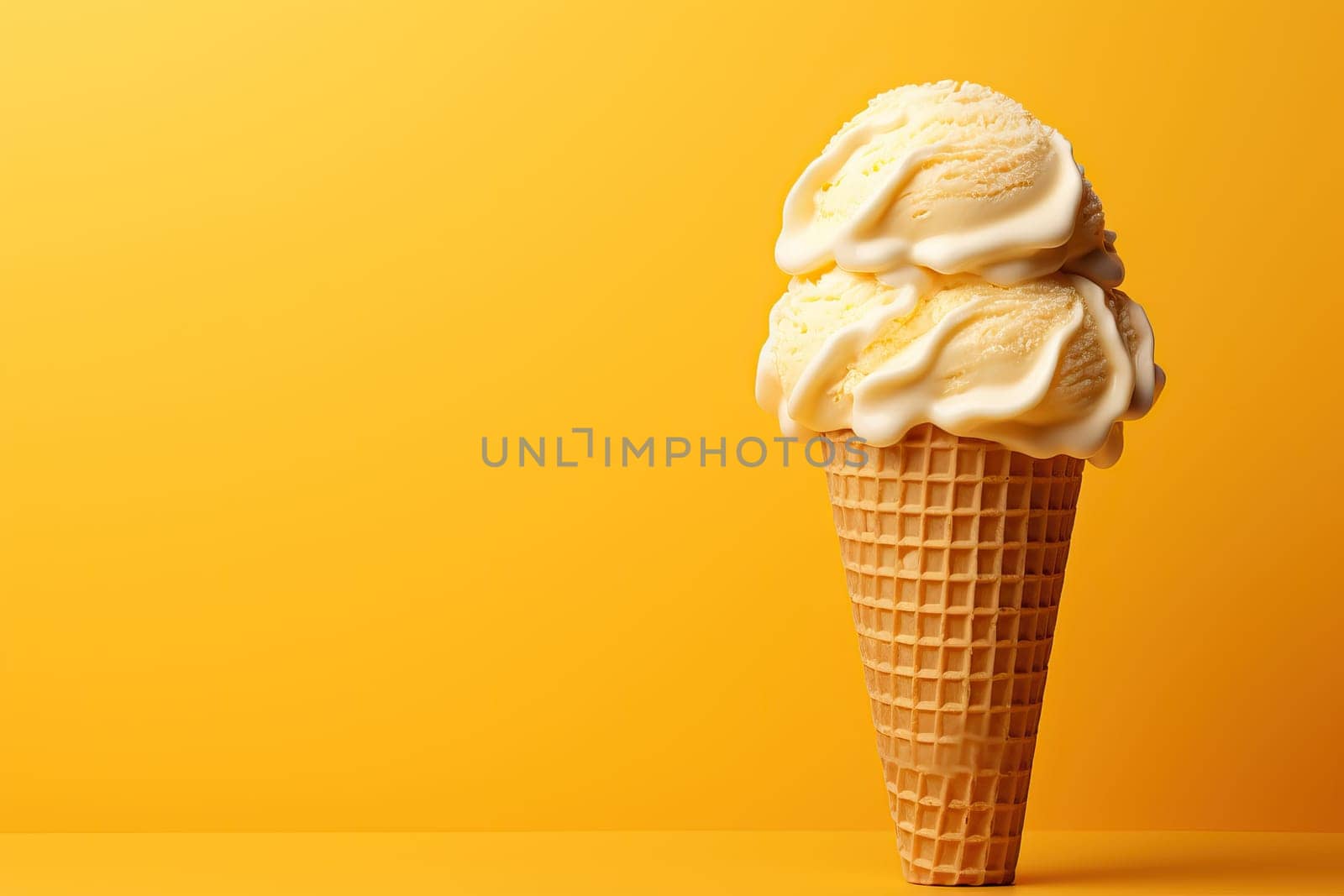 Vanilla ice cream in a waffle cup, a large serving of ice cream on a yellow background.