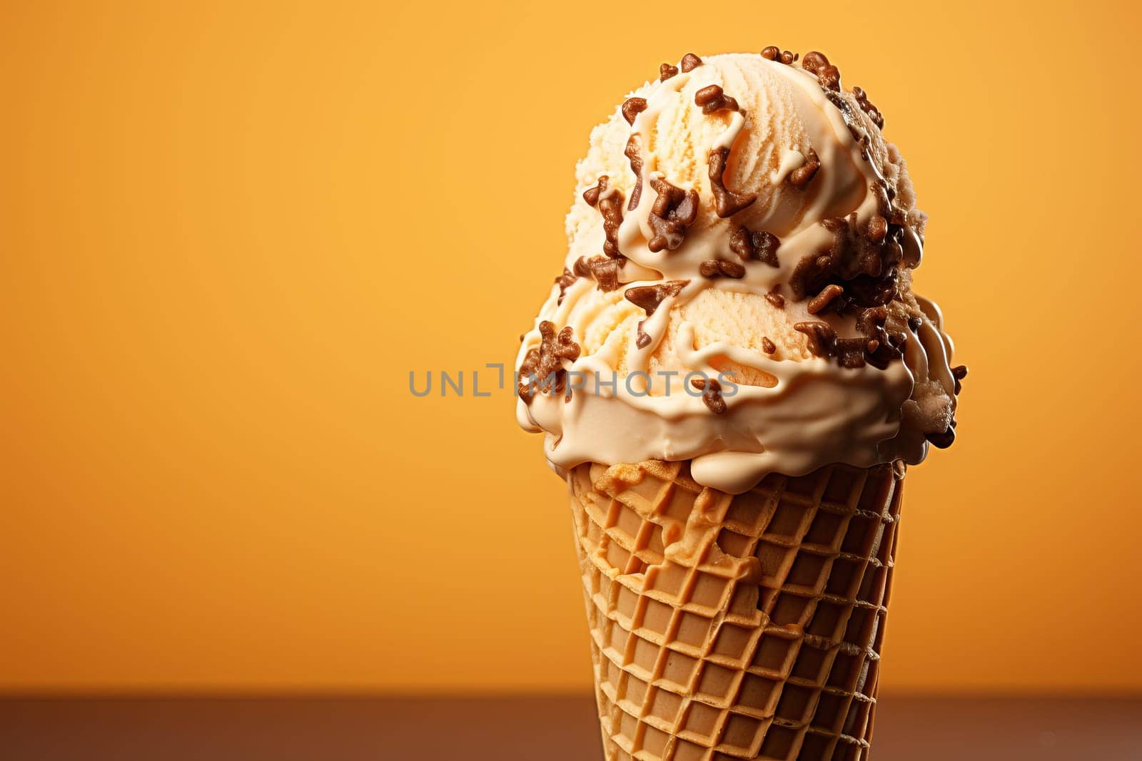 A cone of chocolate ice cream on a yellow background sprinkled with chocolate close-up.