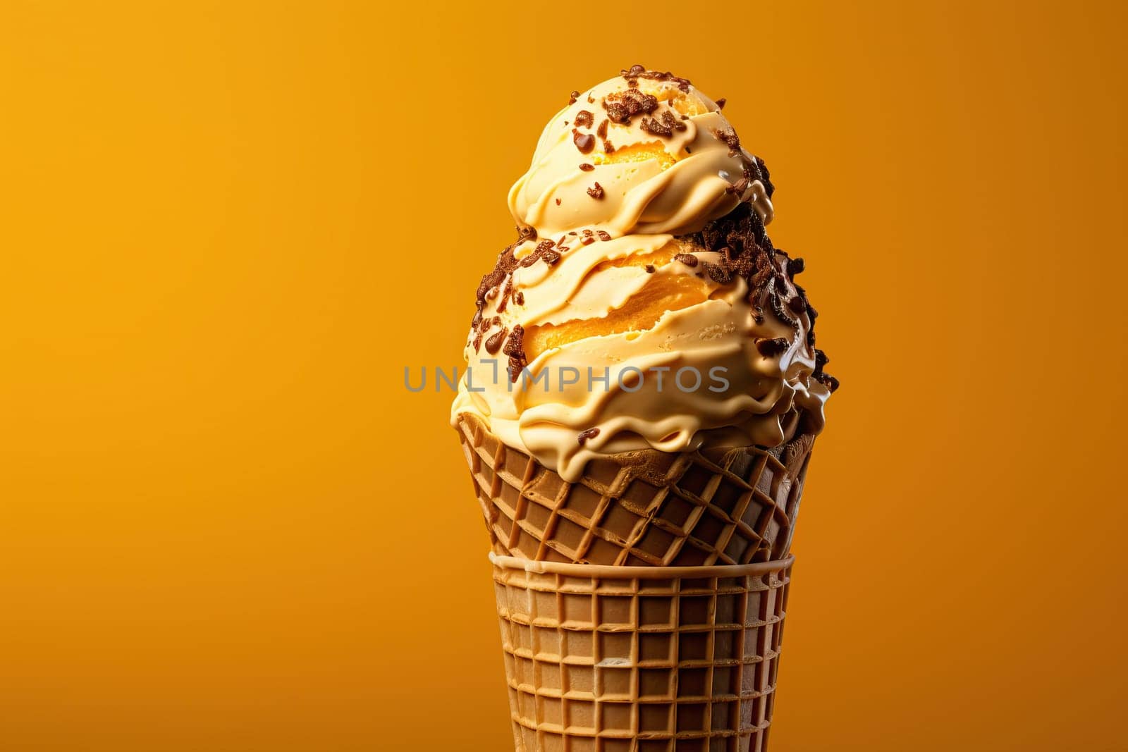 A cone of banana ice cream on a yellow background sprinkled with chocolate close-up.