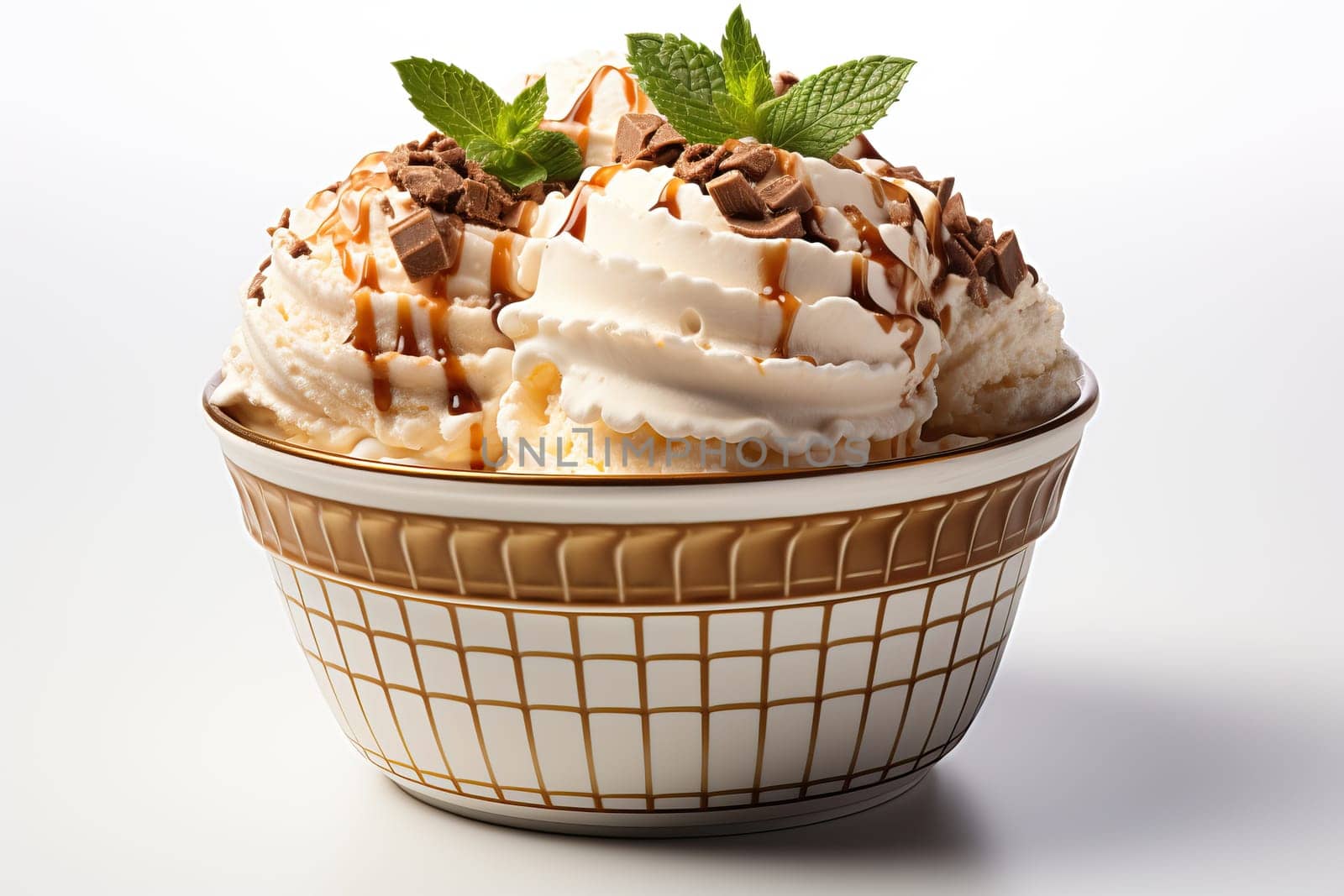 Balls of vanilla ice cream in a bowl covered with liquid chocolate, white ice cream with chocolate.