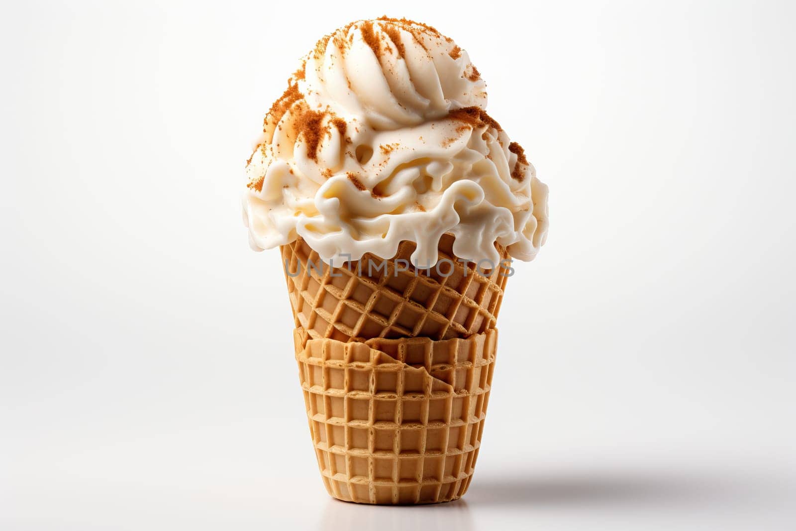 A large waffle cone with a large serving of milk ice cream isolated on a white background.