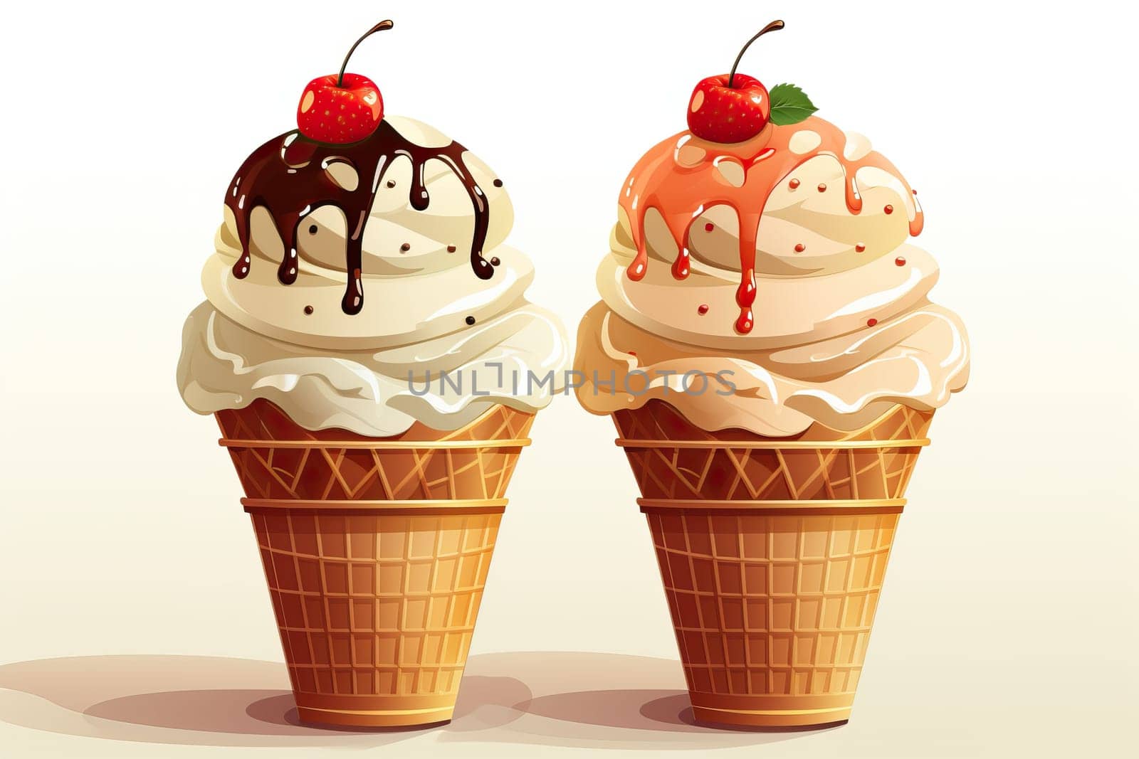 Ice cream in a waffle cup with a cherry on top on a white background.