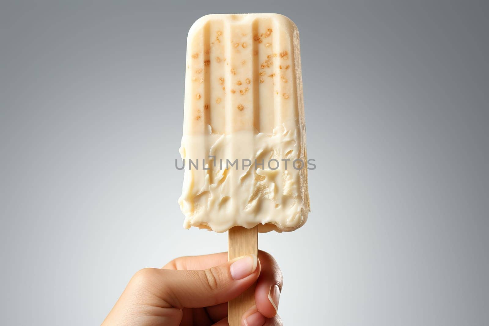 a man's hand holds a white ice cream with two flavors close-up. by Niko_Cingaryuk