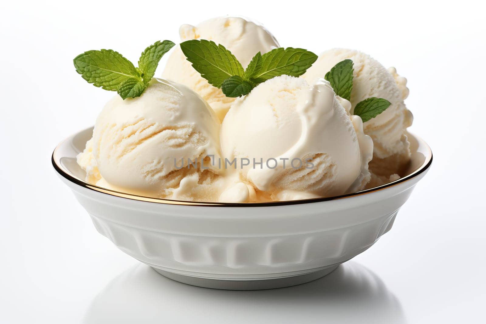 Vanilla white ice cream in bowl isolated on white background. by Niko_Cingaryuk