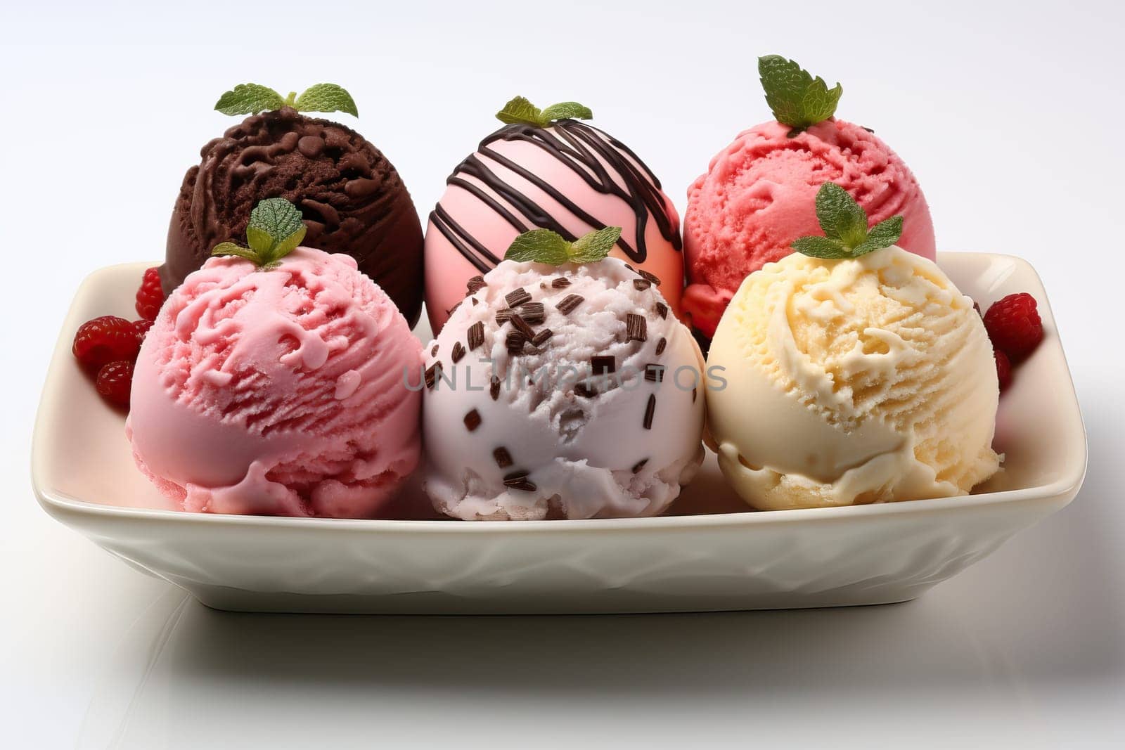 Scoops of vanilla, strawberry and chocolate ice cream in an ice cream bowl or ice cream in an ice cream bowl. Colored ice cream scoops on a plate