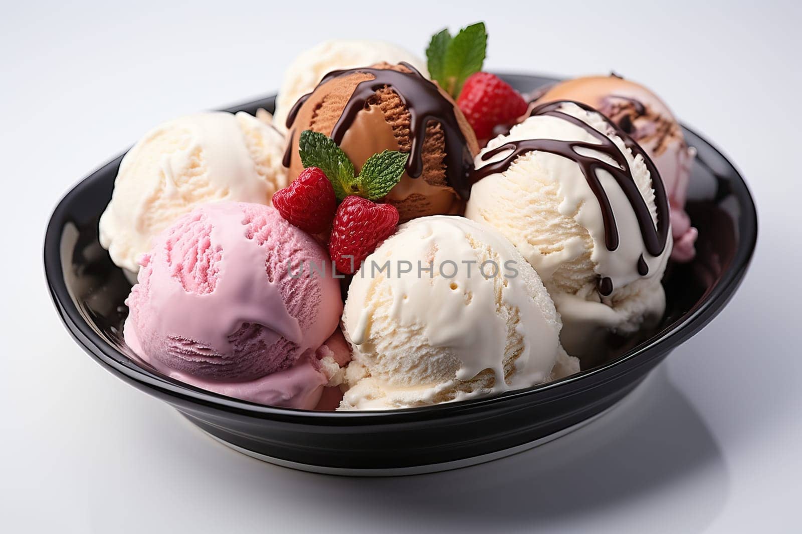 Scoops of vanilla, strawberry and chocolate ice cream in an ice cream bowl or ice cream in an ice cream bowl, colored ice cream scoops.