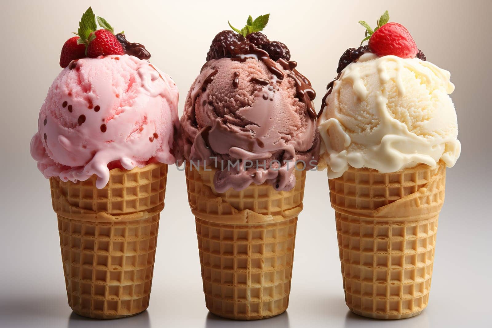 Three scoops of chocolate, strawberry and vanilla ice cream in a waffle cone topped with chocolate chips.