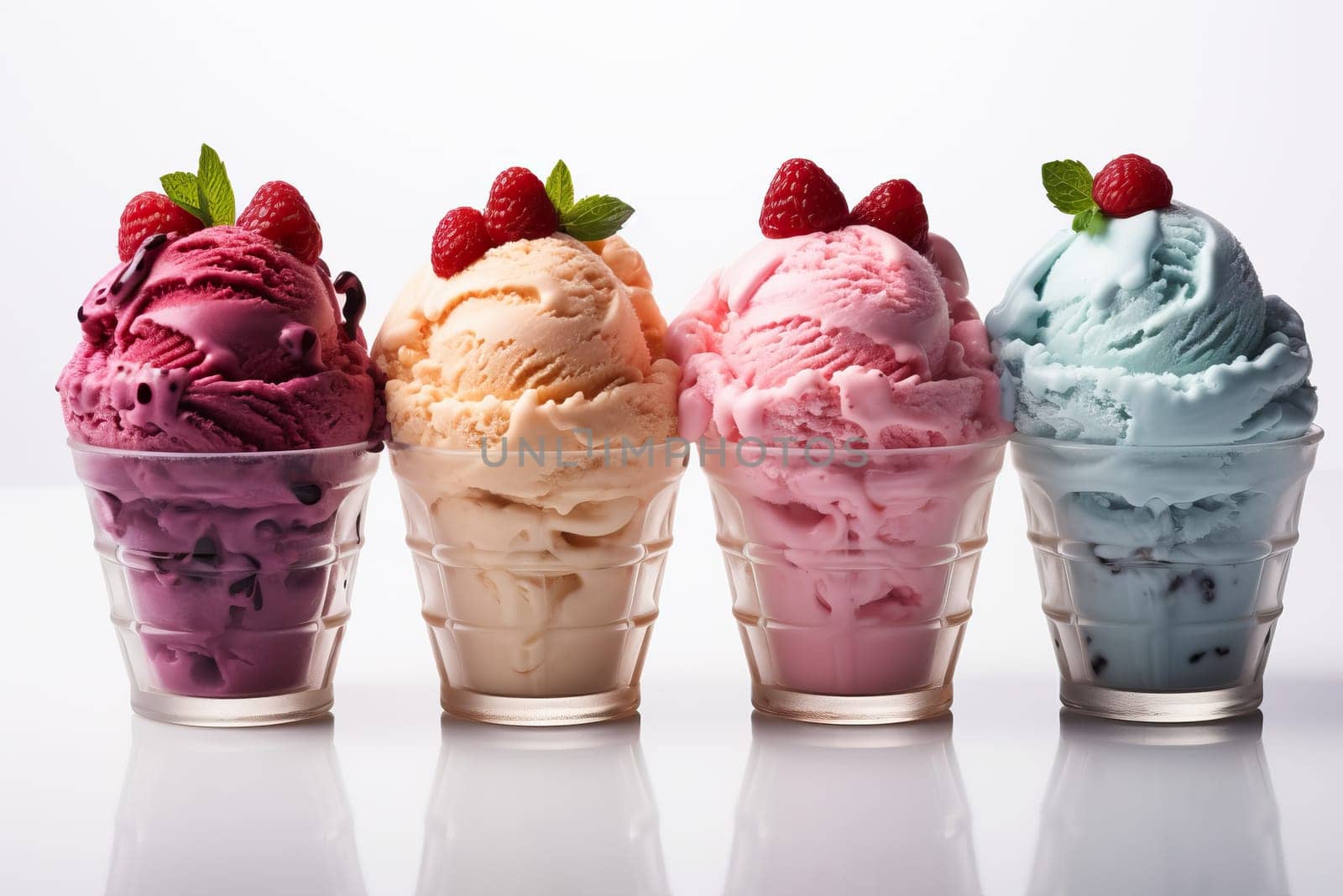 Glasses with different ice creams on a white background. by Niko_Cingaryuk