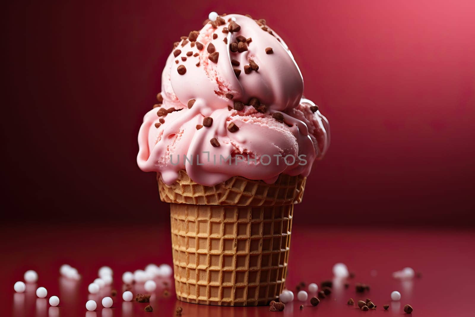 Waffle glass with chocolate balls of ice cream on a red background.