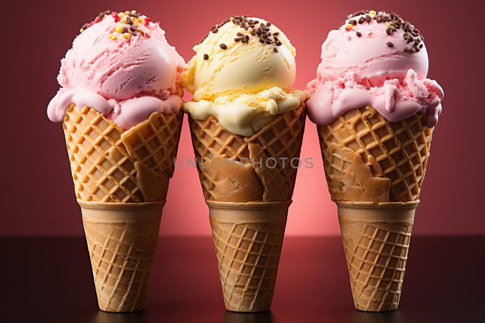 Three ice creams with three different flavors of strawberry, vanilla and banana on a bright background, ice cream in a waffle cup.