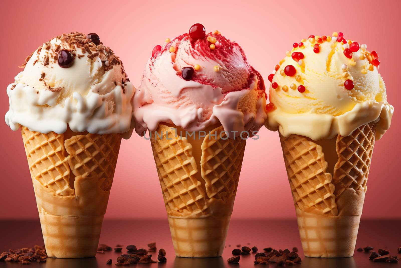 Three ice creams with three different flavors of strawberry, vanilla and banana on a bright background. by Niko_Cingaryuk