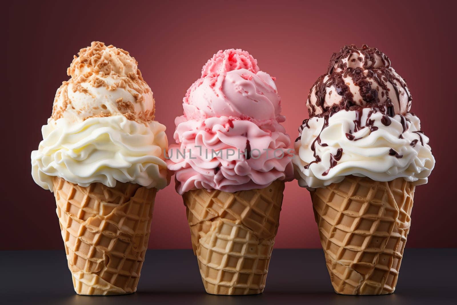 Three ice creams with three different flavors of strawberry, vanilla and banana on a bright background. by Niko_Cingaryuk