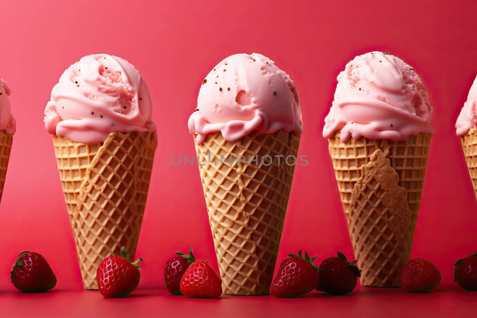 Strawberry ice cream in a waffle cup on a red background with fresh strawberries.