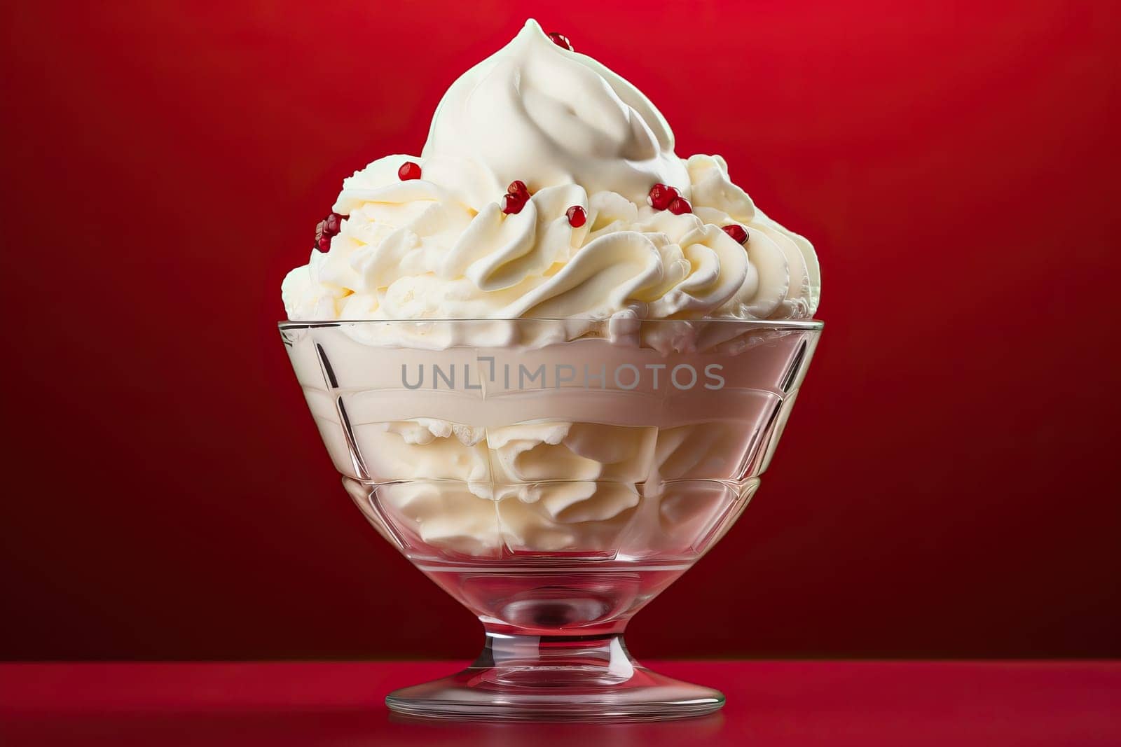 Vanilla ice cream in a glass cup, a large serving of ice cream on a red background.