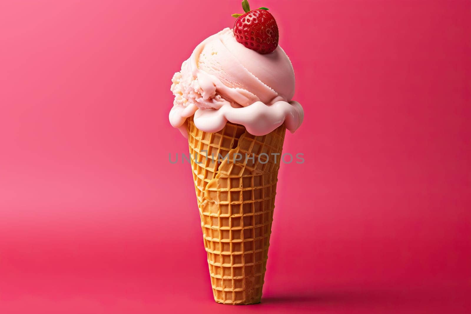 Strawberry ice cream in a waffle cup on a red background. by Niko_Cingaryuk