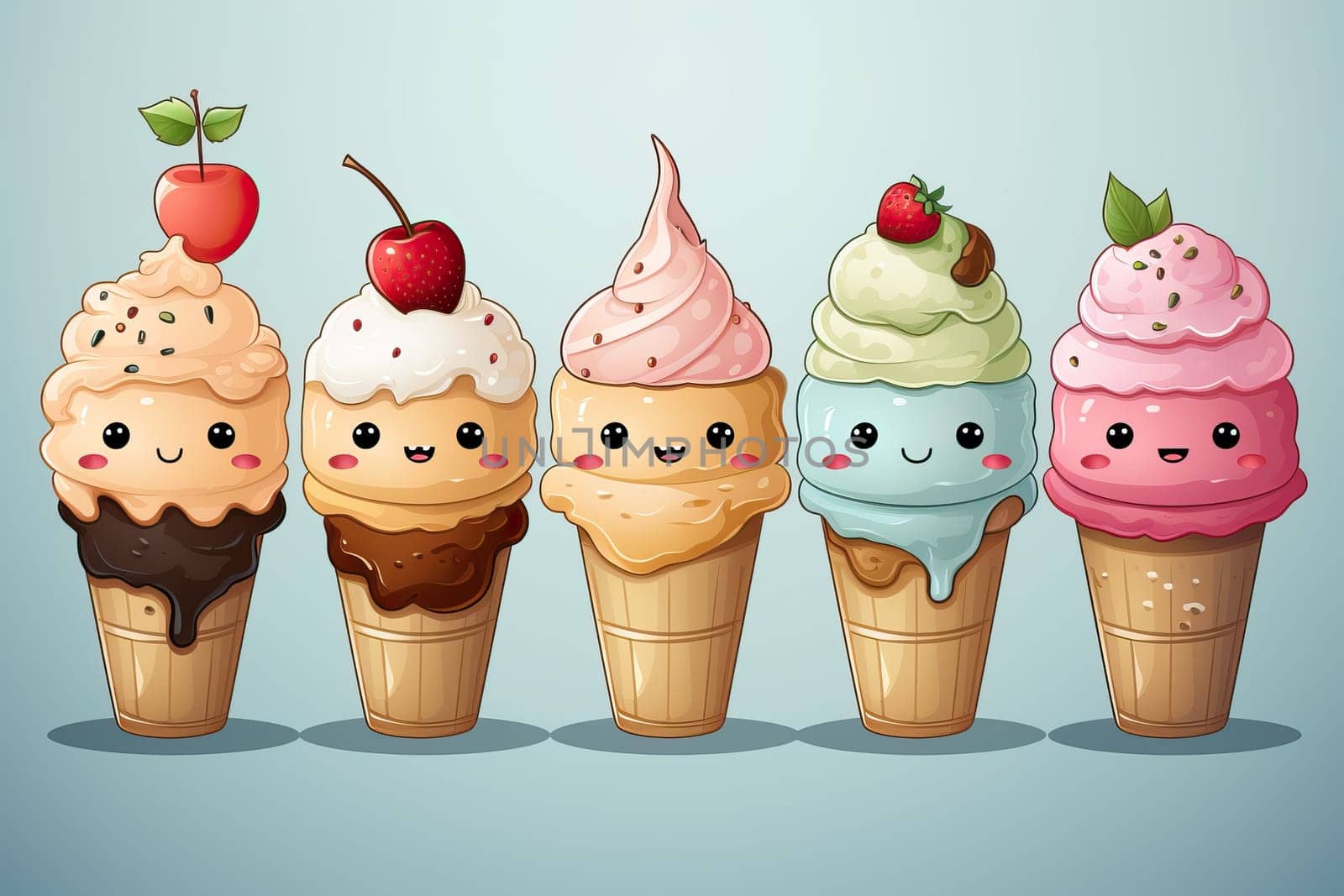 cartoon multi-colored cones with ice cream on a blue background, ice cream of different flavors.