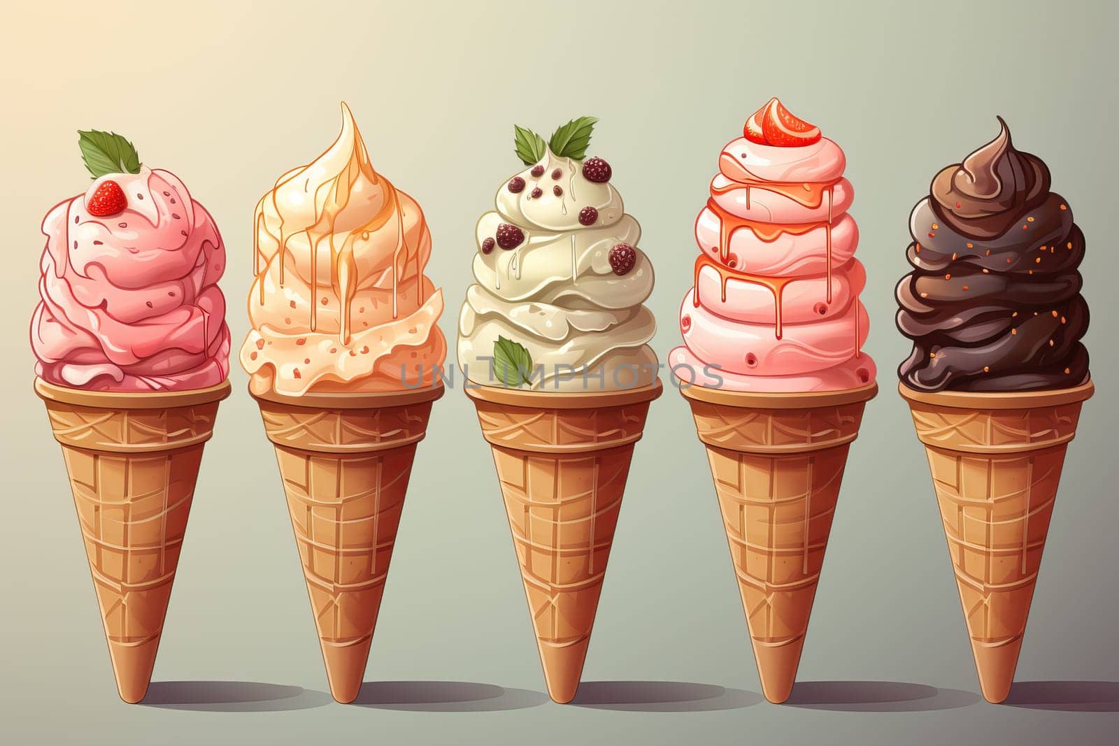 Different flavors of ice cream with a cone on a light background. by Niko_Cingaryuk