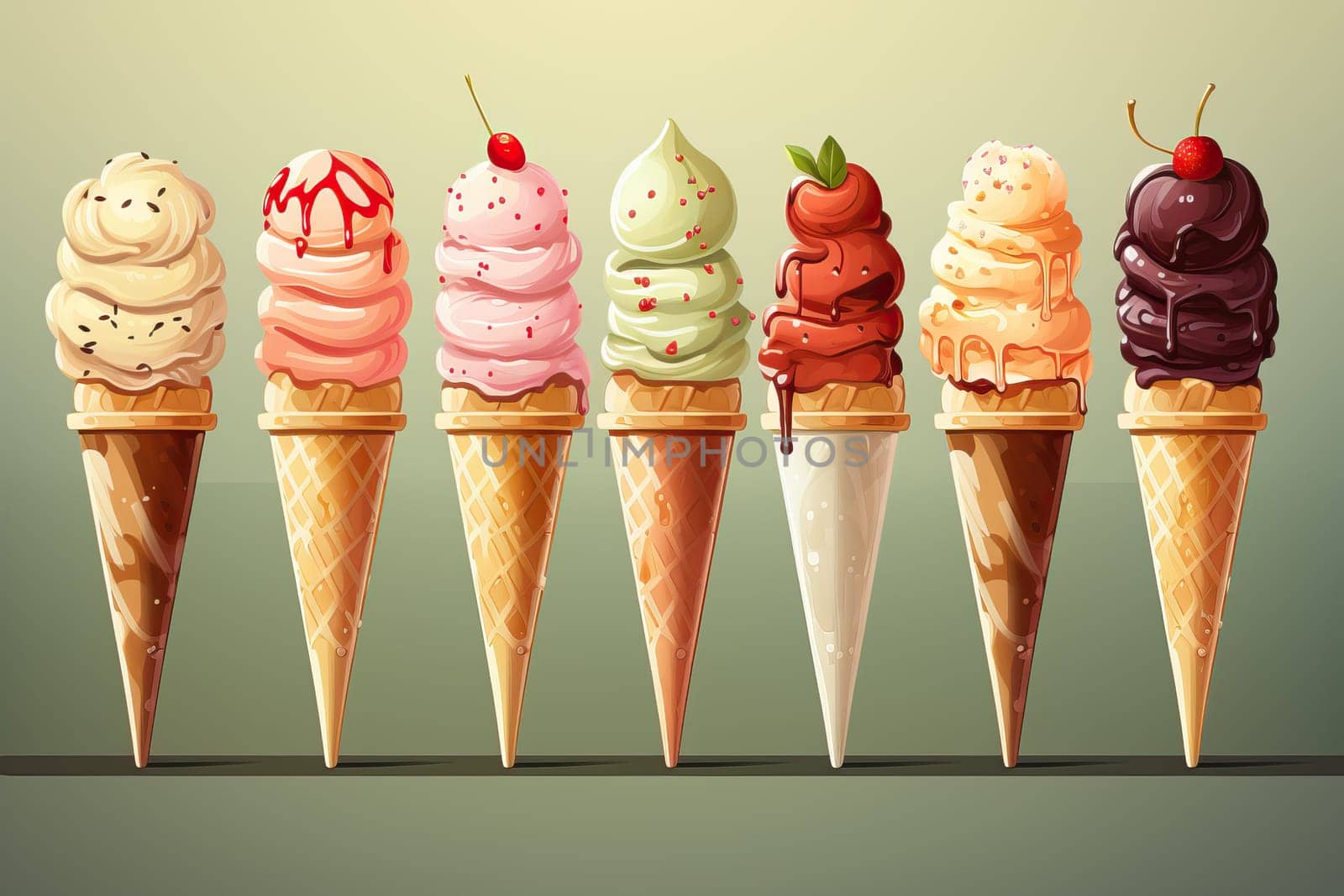 Different flavors of ice cream from a cone on a light background, a large portion of ice cream on a cone.