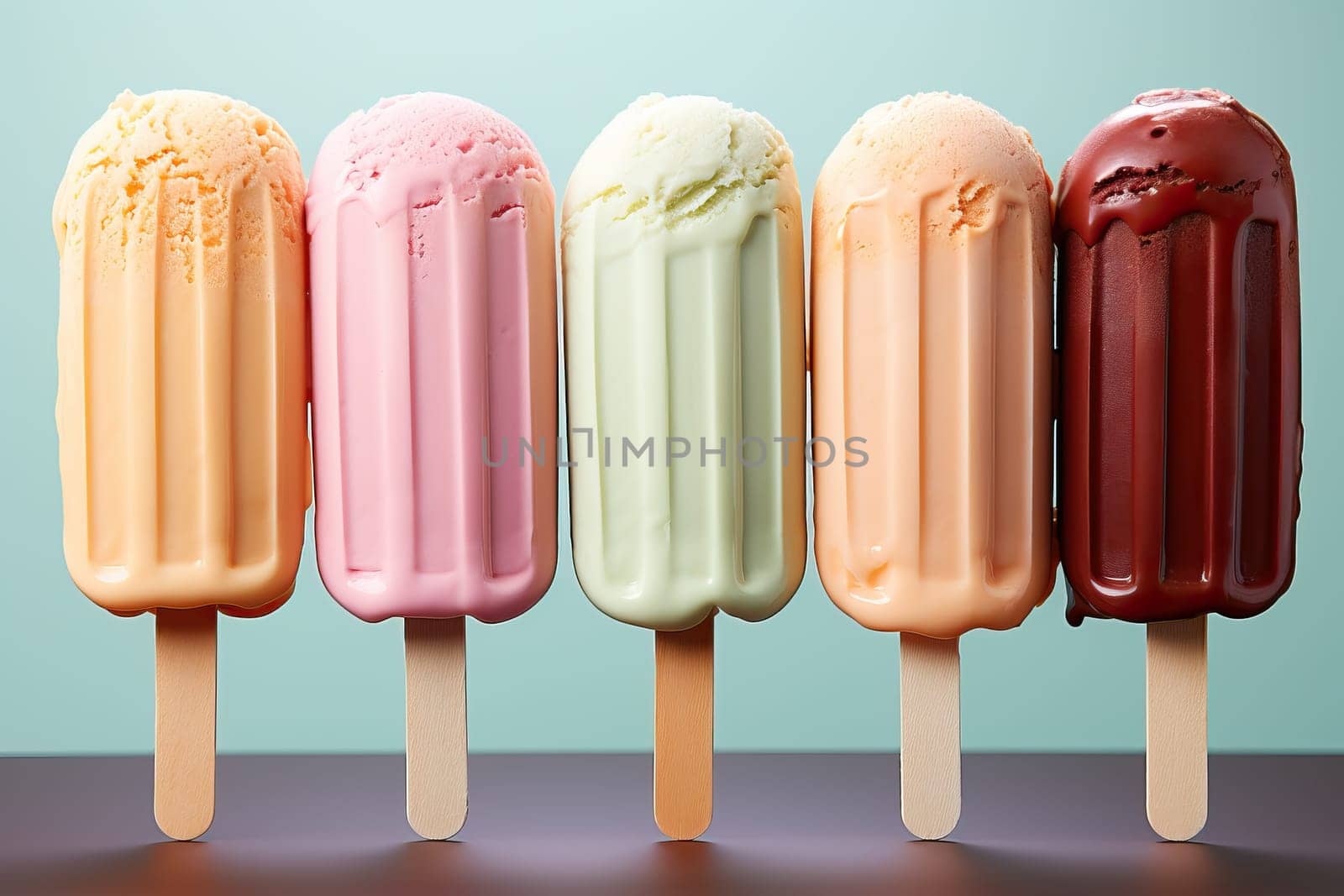 Set of popsicles with different flavors on a bright background. by Niko_Cingaryuk