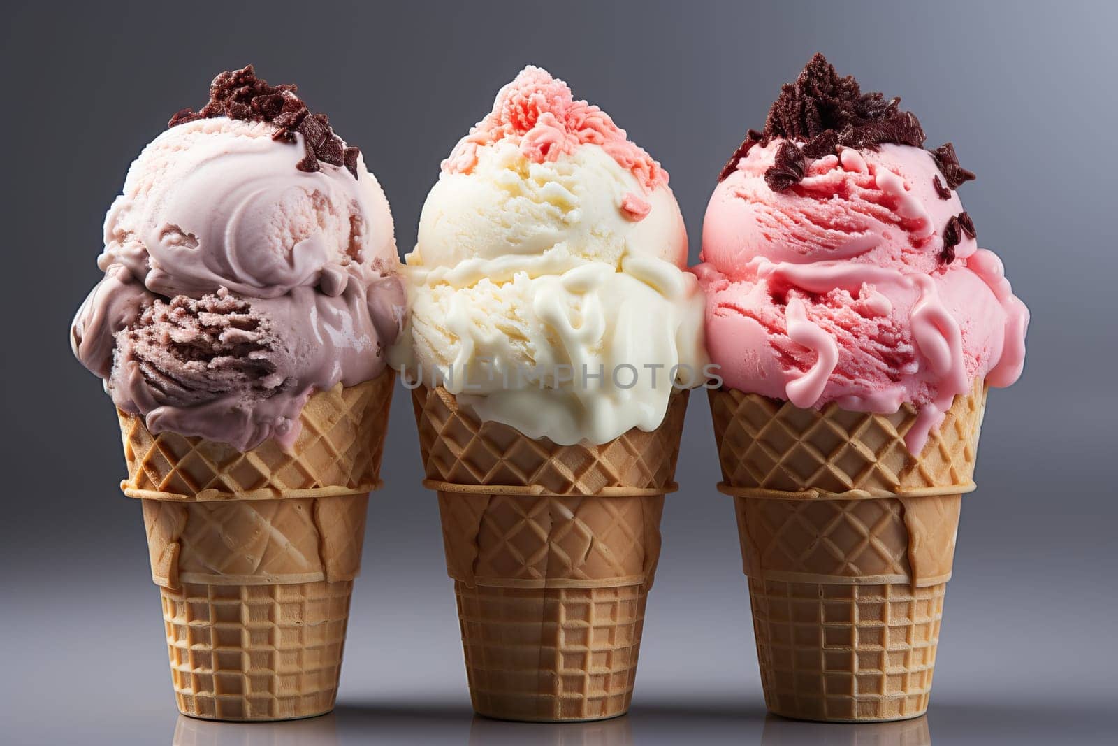 Three ice creams of chocolate, strawberry and vanilla ice cream in a waffle cup. by Niko_Cingaryuk
