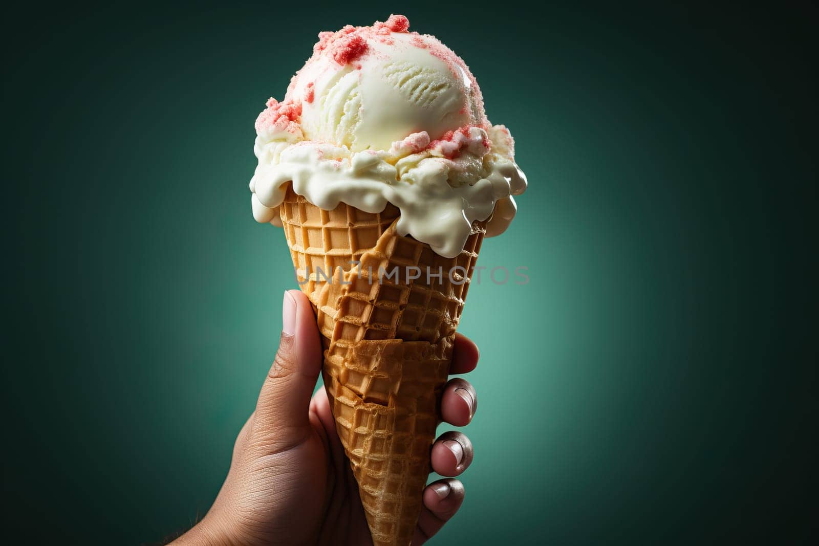 A man holds an ice cream cone in his hand on a green background. by Niko_Cingaryuk