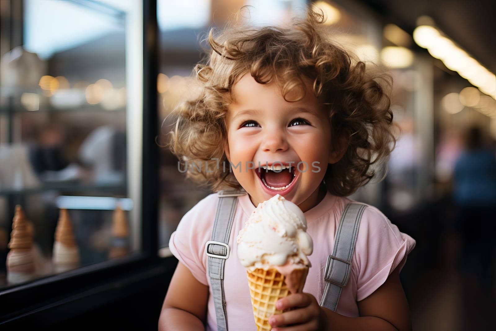 A smiling girl holds an ice cream in her hands, a child eats an ice cream in a cafe.