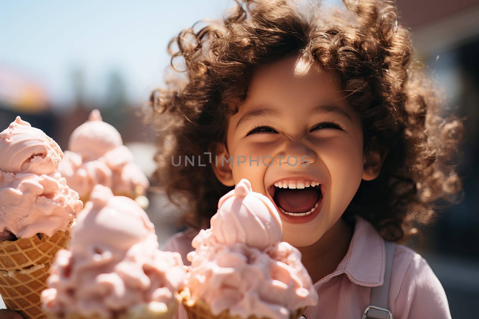 Little smiling curly girl holding a big cone with ice cream in her hands. by Niko_Cingaryuk