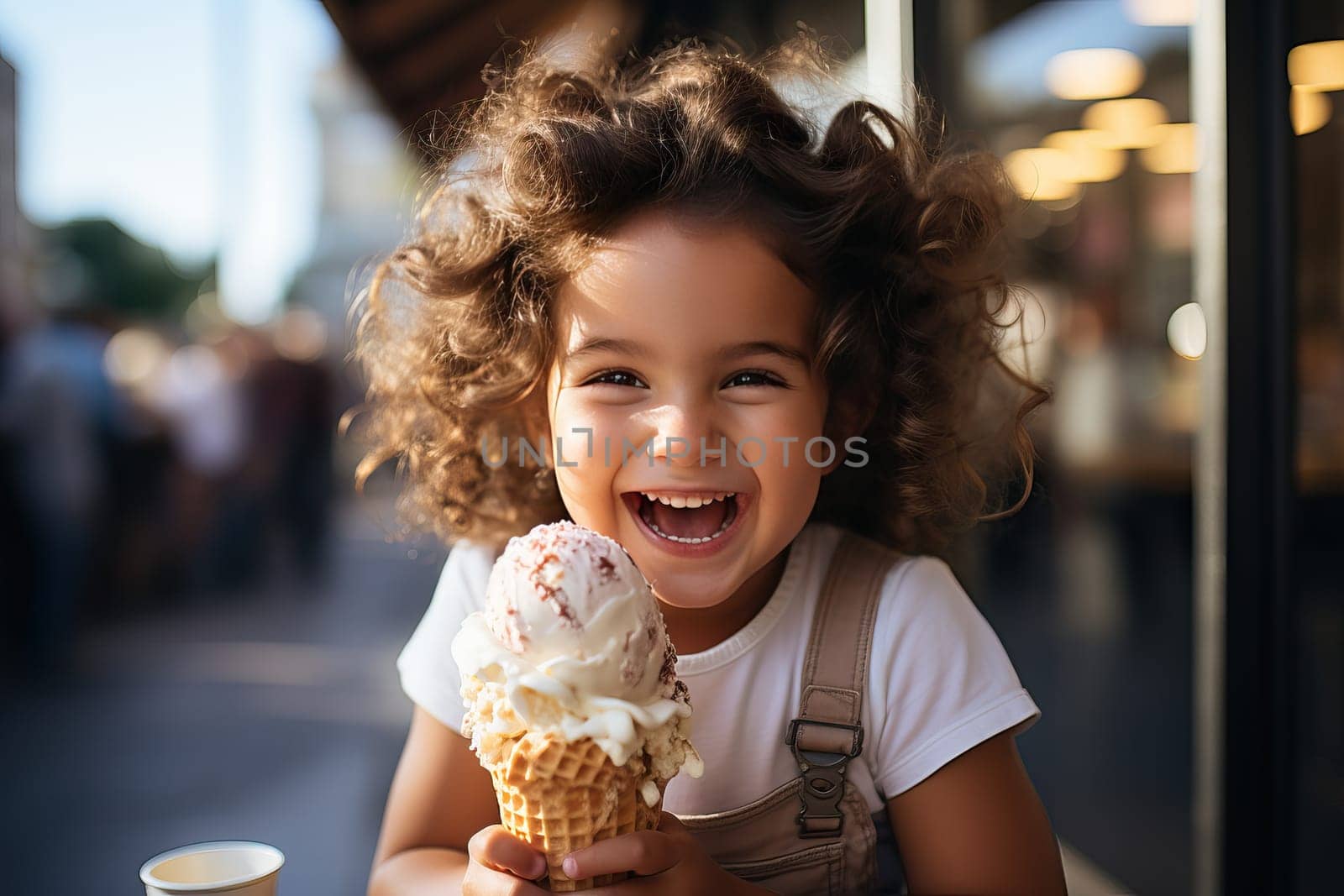Little smiling curly girl holding a big ice cream cone in her hands, child with ice cream.