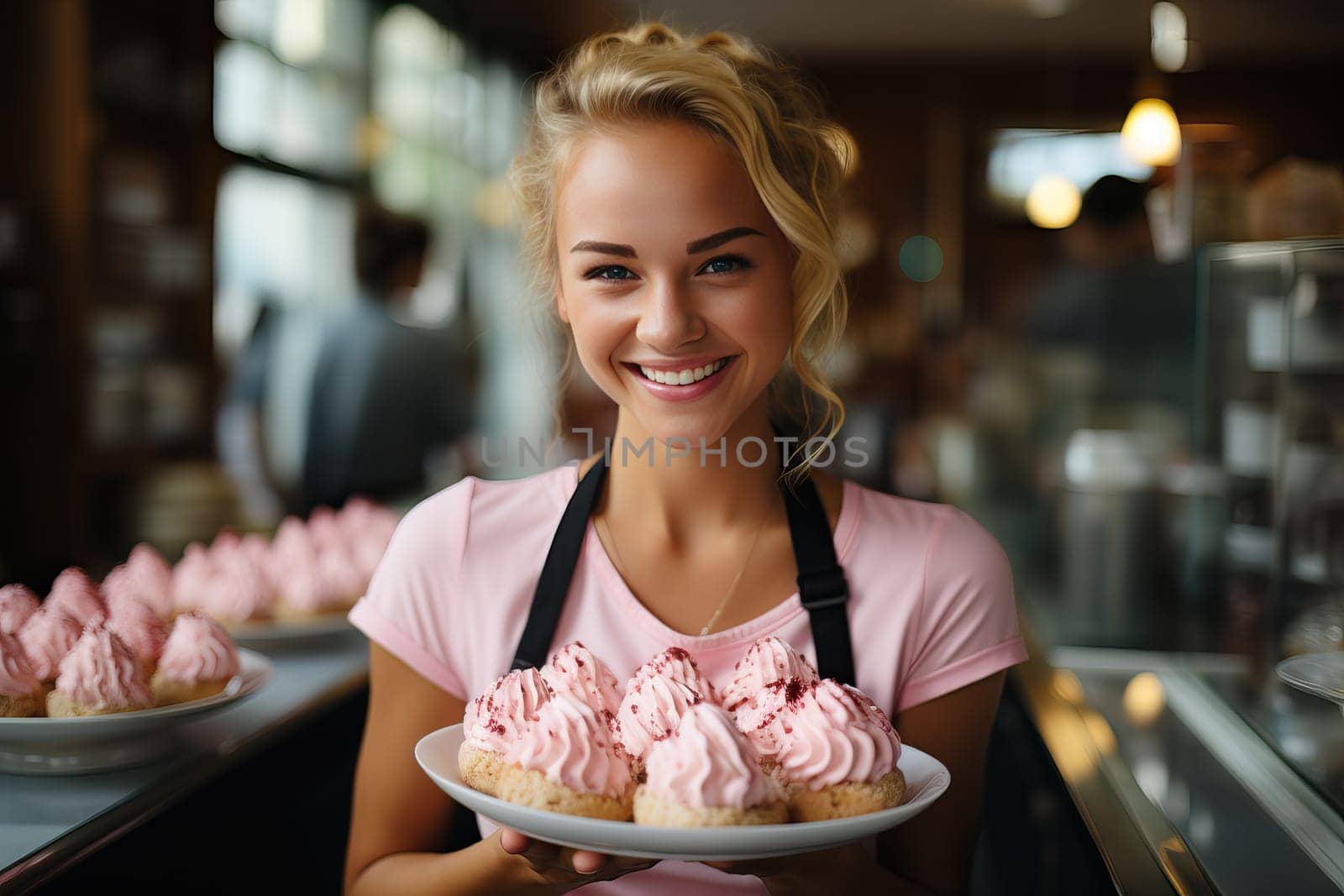 A smiling waitress in a cafe holds a tray with ice cream in her hands. by Niko_Cingaryuk