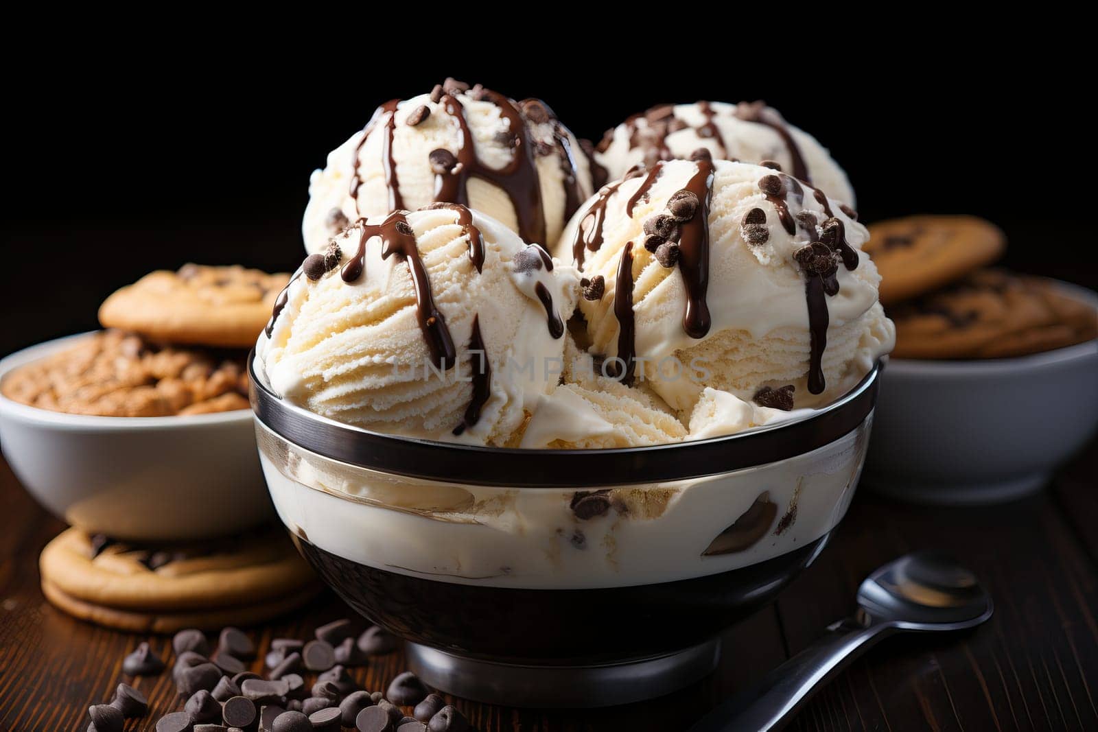 Vanilla ice cream in a bowl sprinkled with chocolate and drizzled with chocolate, white ice cream with chocolate.