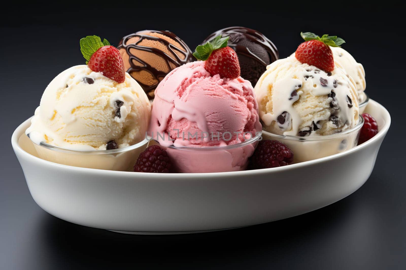 Scoops of vanilla, strawberry and chocolate ice cream in an ice cream bowl or ice cream in an ice cream bowl, colored ice cream scoops.