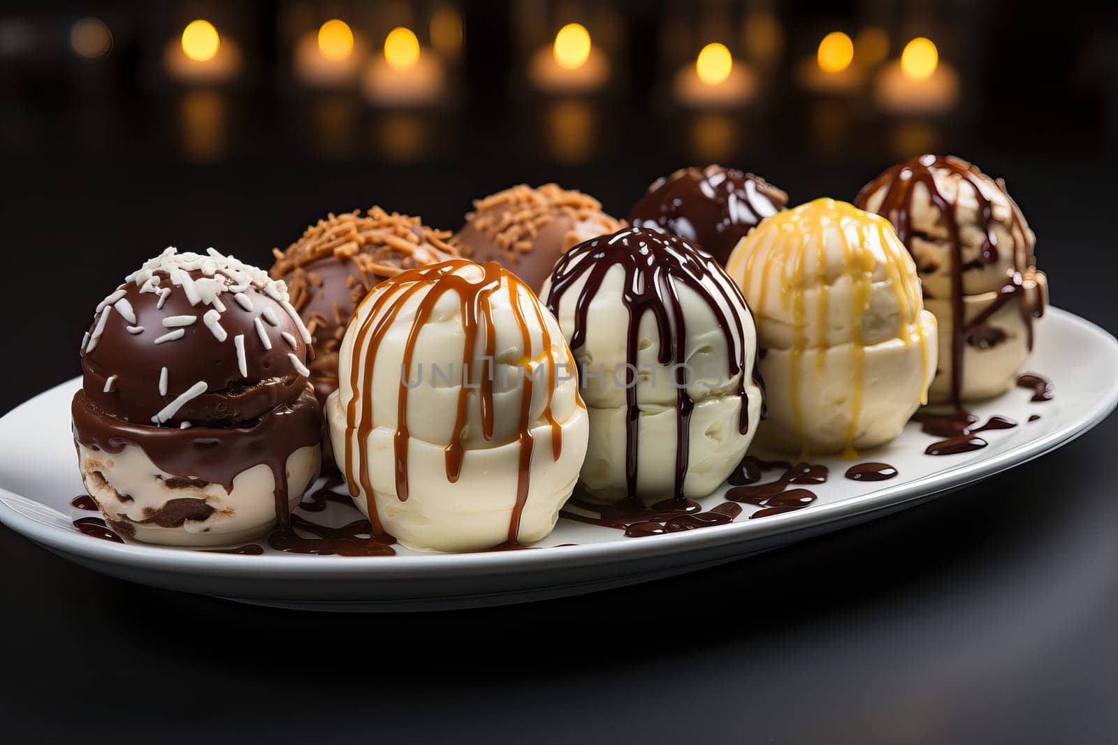 Chocolate and vanilla balls with chocolate on a plate close-up. by Niko_Cingaryuk