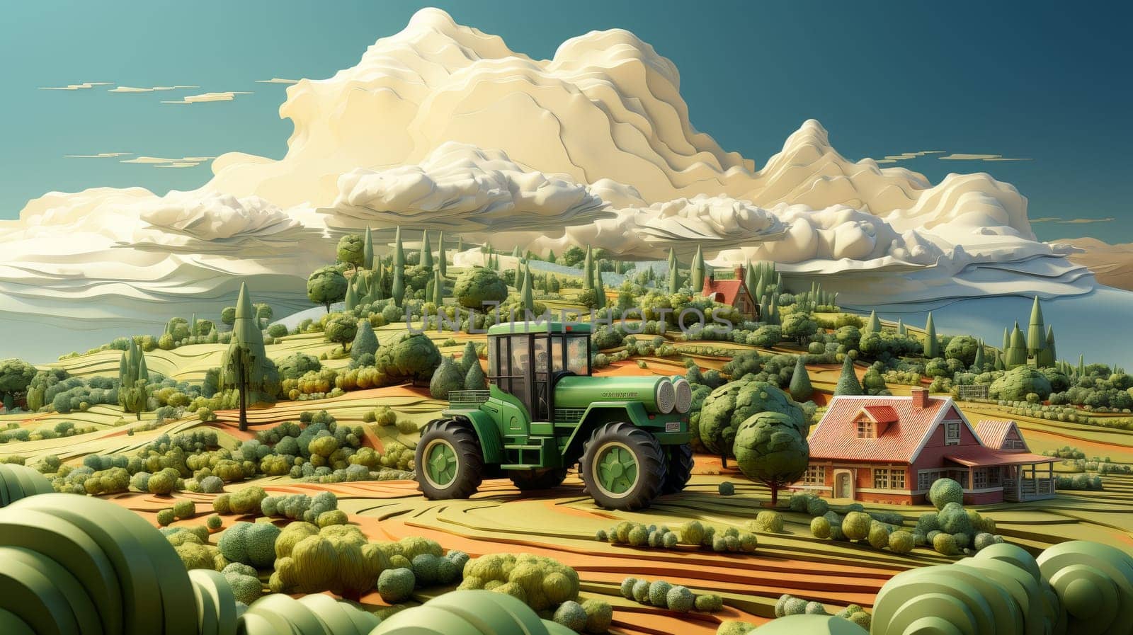 An isometric view of farm land with a tractor harvesting crops. A cross section of a wheat farm isolated with clouds. It portrays a beautiful view of a farm landscape. A smart farming advertising by Andrei_01