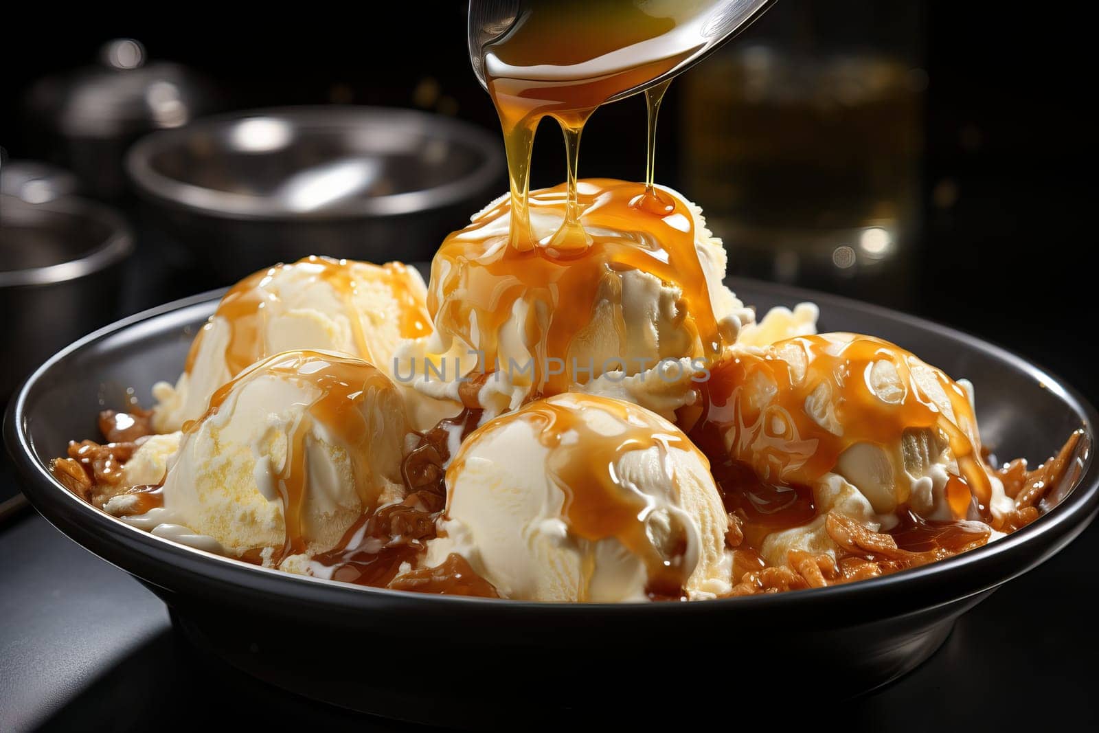 Vanilla ice cream scoops in a black bowl topped with caramel, large serving of ice cream close-up.