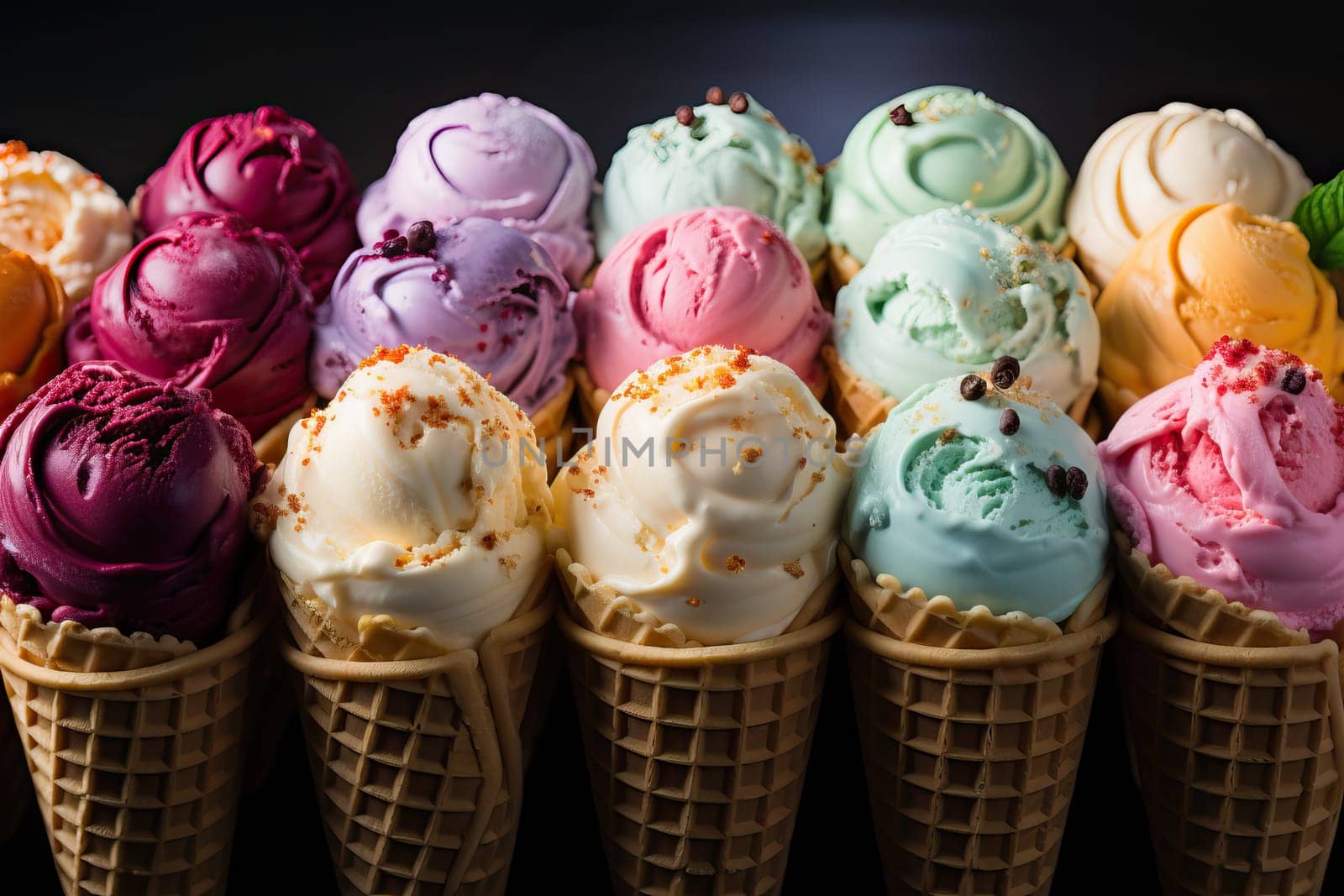 A set of ice cream cones of different flavors in one order, ice cream in a waffle cup.