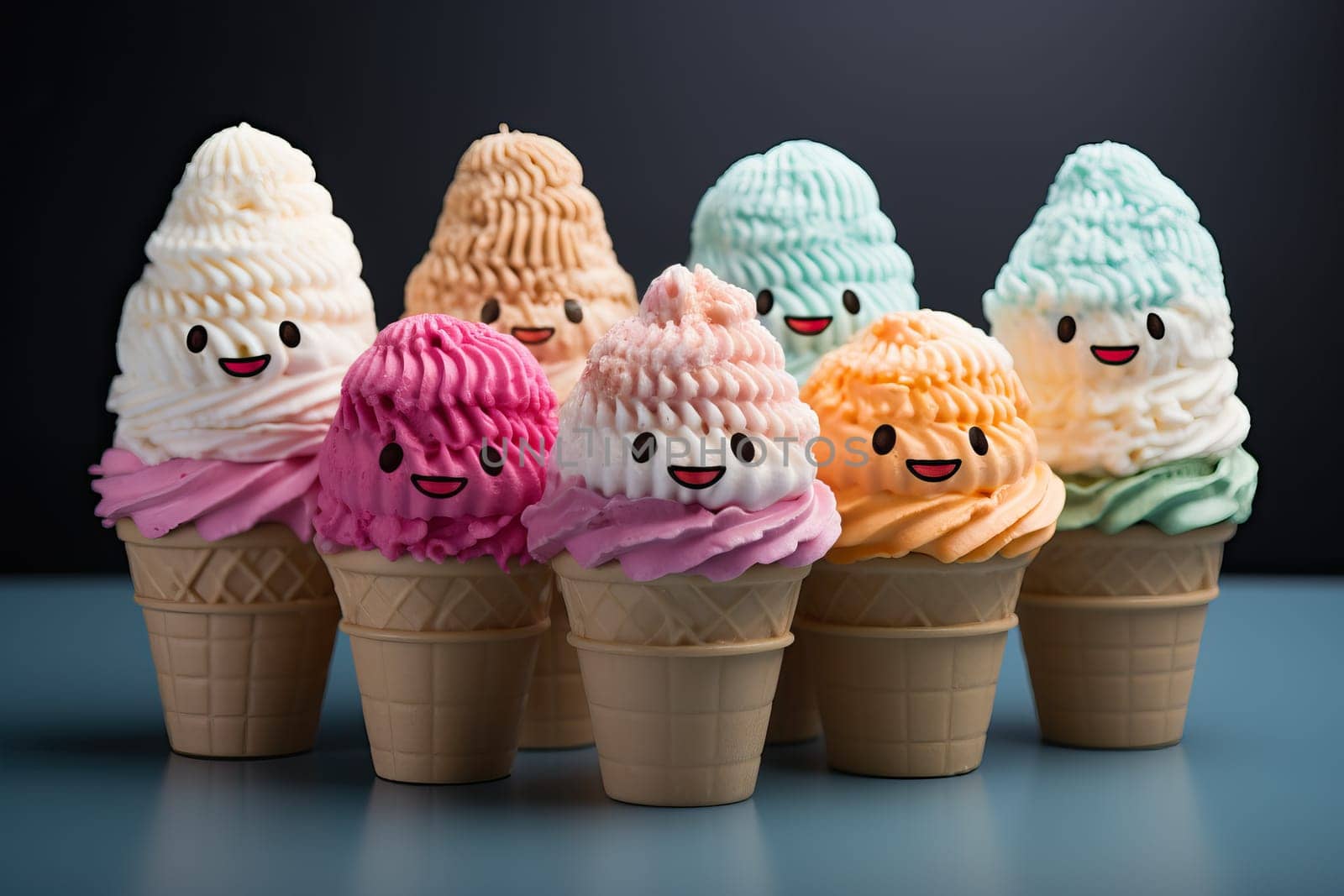 Ice cream in a waffle cup with glasses and a mouth, set of ice cream of different flavors, ice cream of different colors.