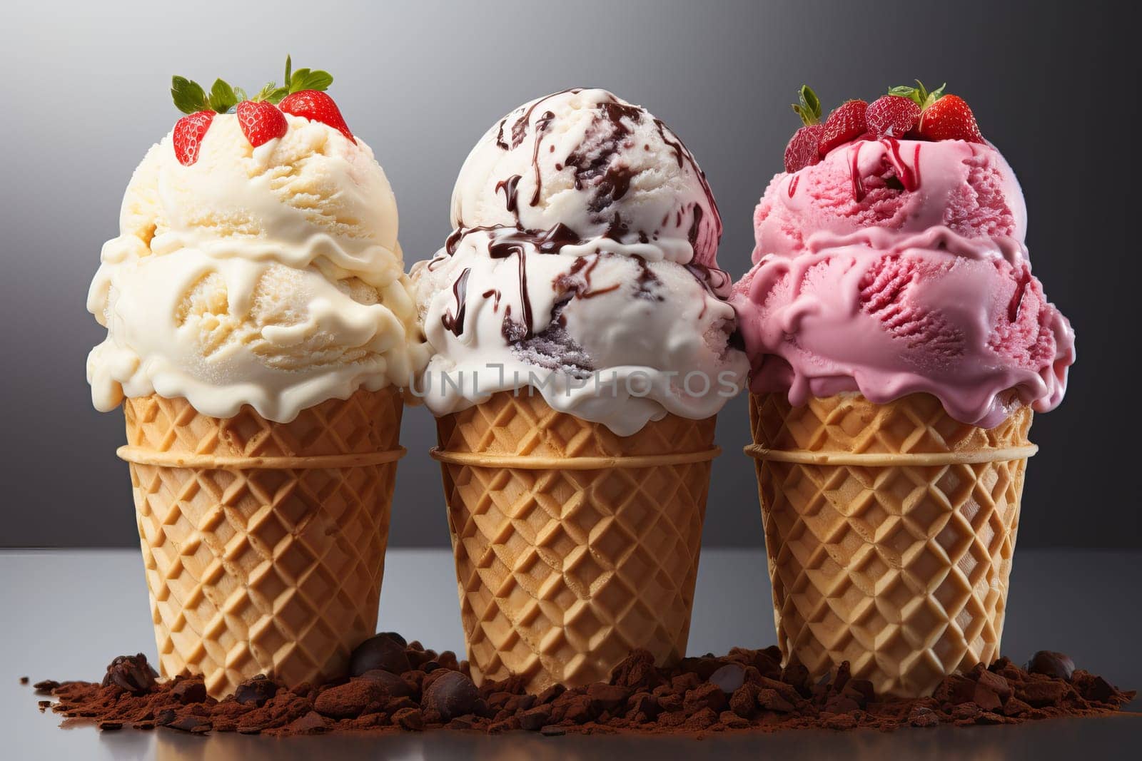 Three ice creams with three different flavors of strawberry, vanilla and banana on a bright background, ice cream in a waffle cup.