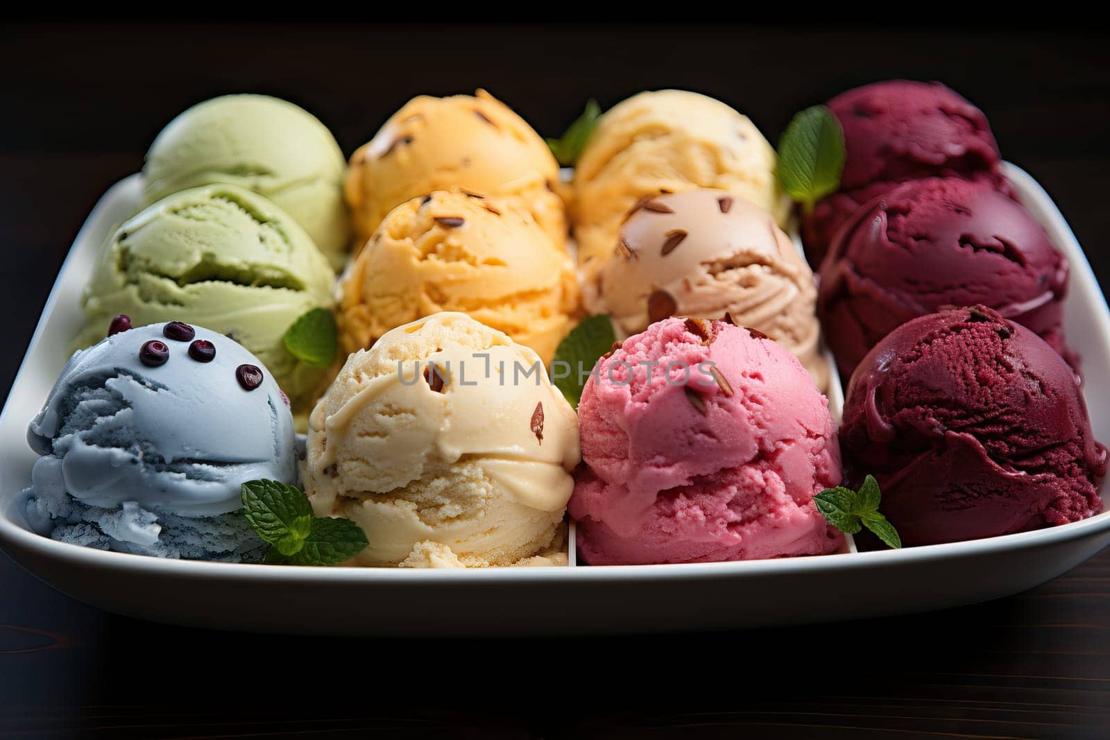 Set of colorful and different flavored ice creams on a tray, ice cream in a gelato shop close-up.