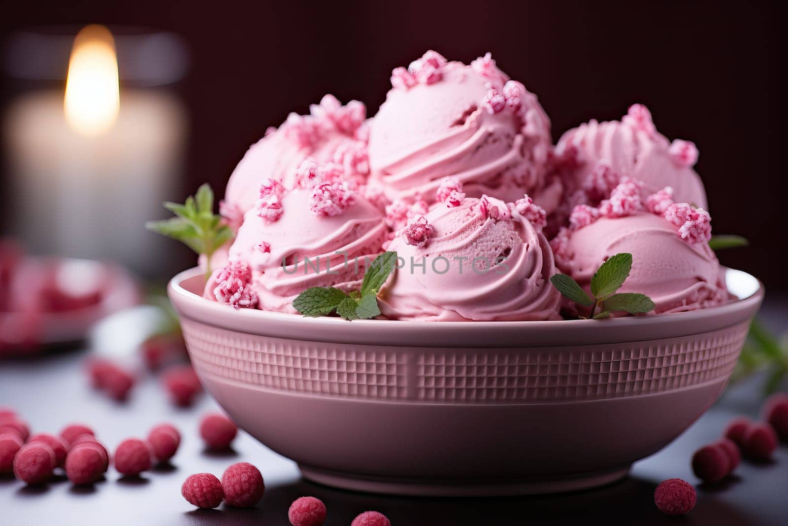 Strawberry ice cream balls in a bowl close-up.