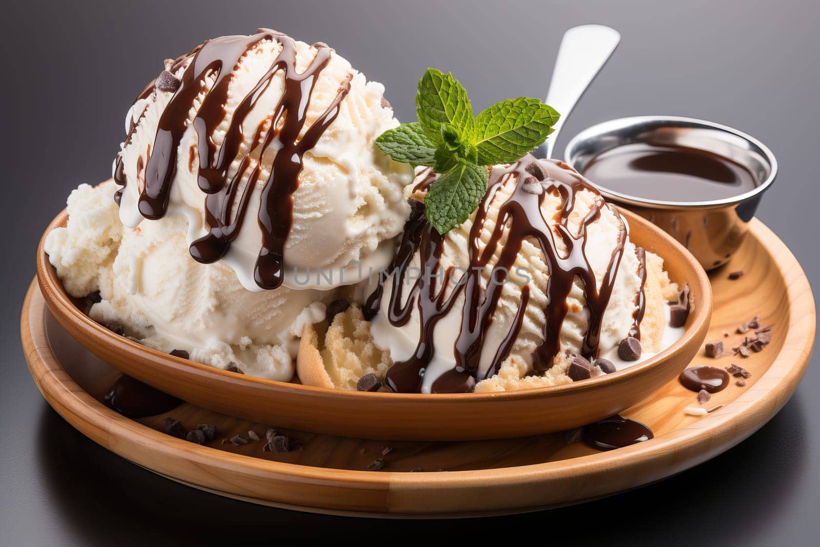 Balls of vanilla ice cream in a bowl covered with liquid chocolate, white ice cream with chocolate.