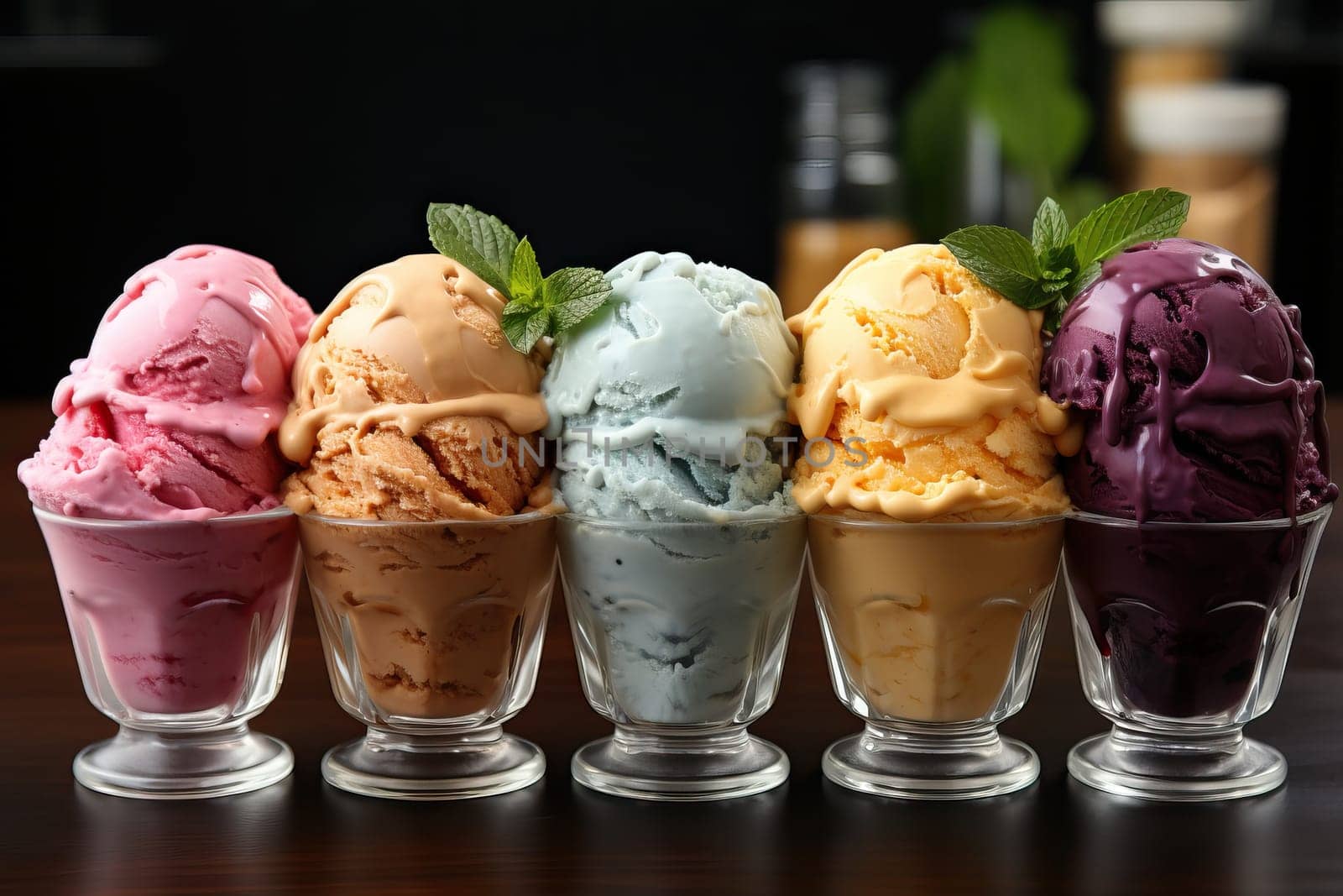 Different flavors of ice cream in glass glasses, serving ice cream in a cafe.