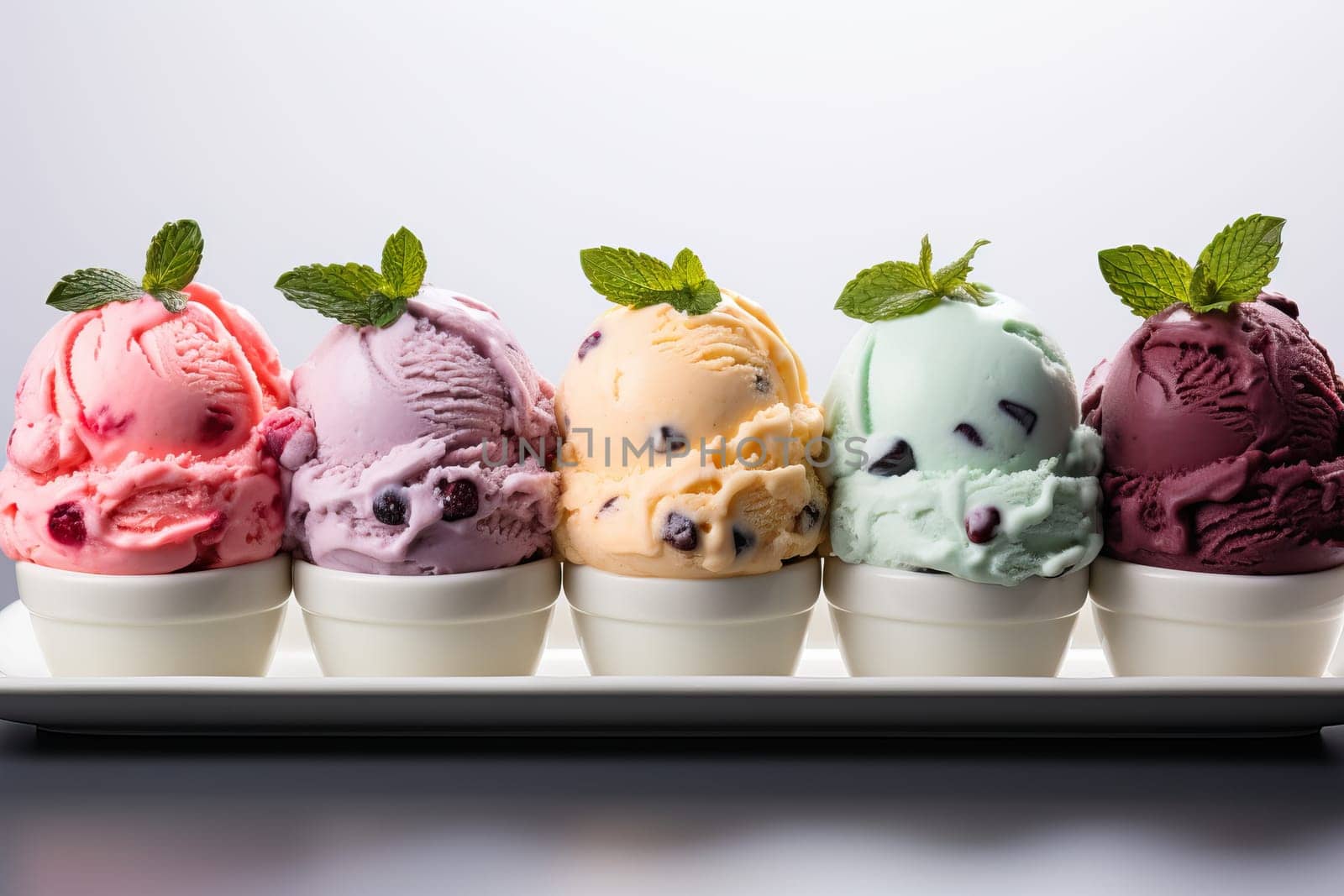 Glasses with various ice creams on a white background, ice cream with mint leaves.
