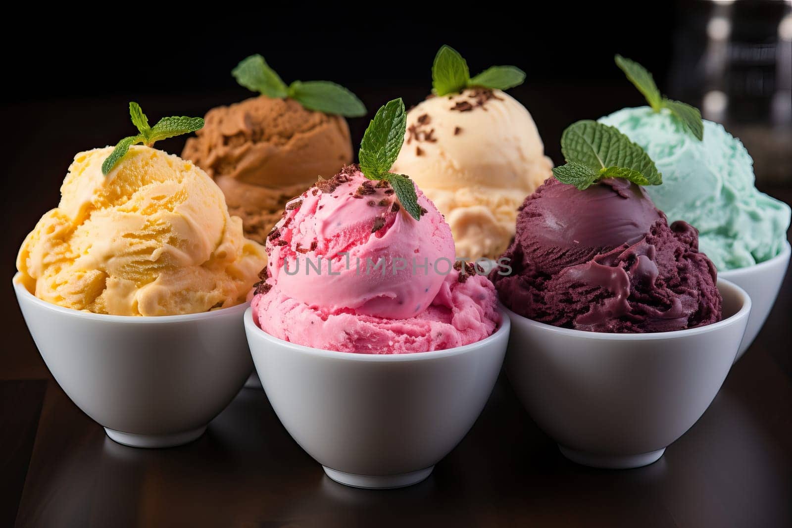 Set of different ice creams in bowls on table, ice cream demonstration before tasting.