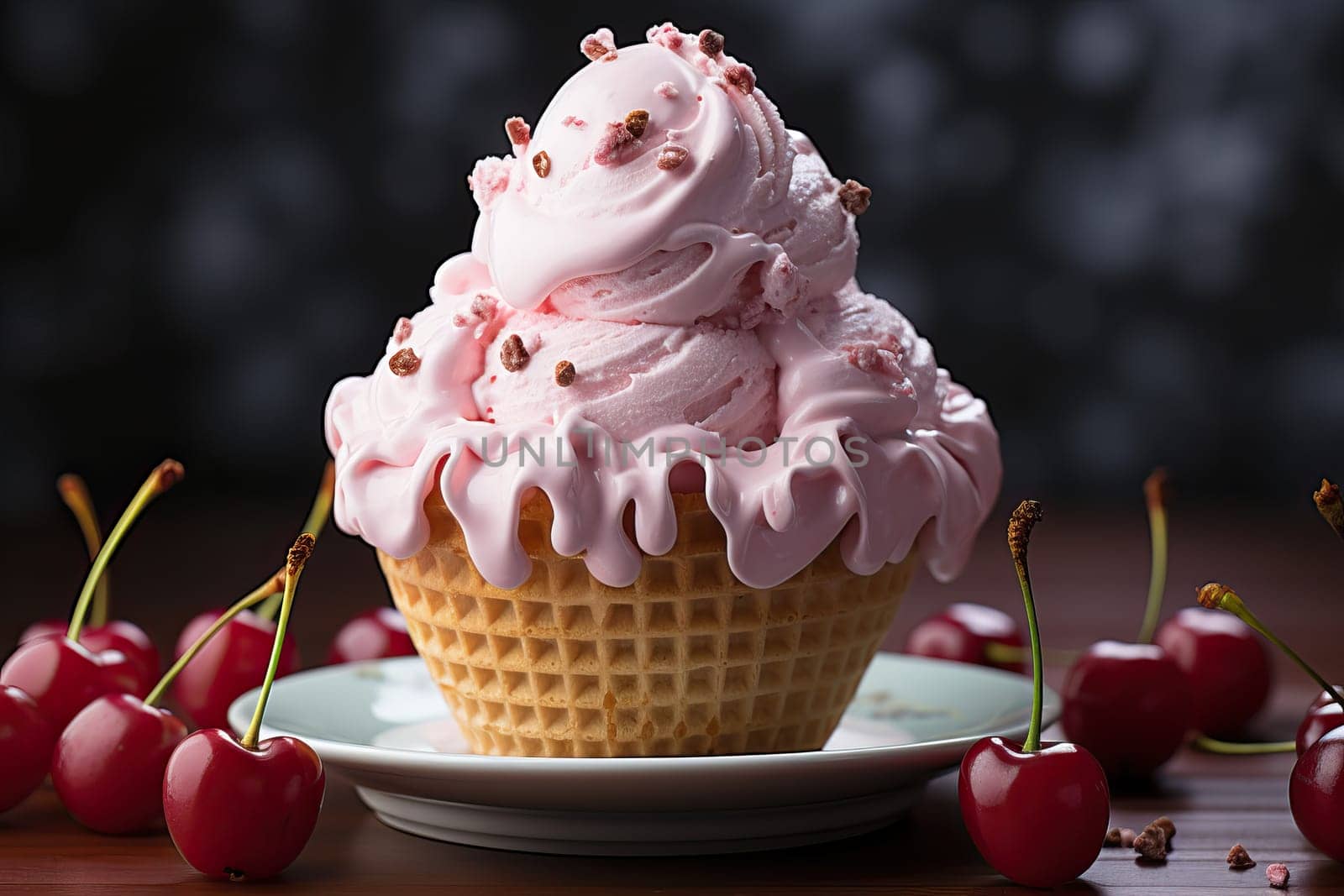 Cherry ice cream in a small waffle cup with a cherry, a small cup and lots of ice cream.