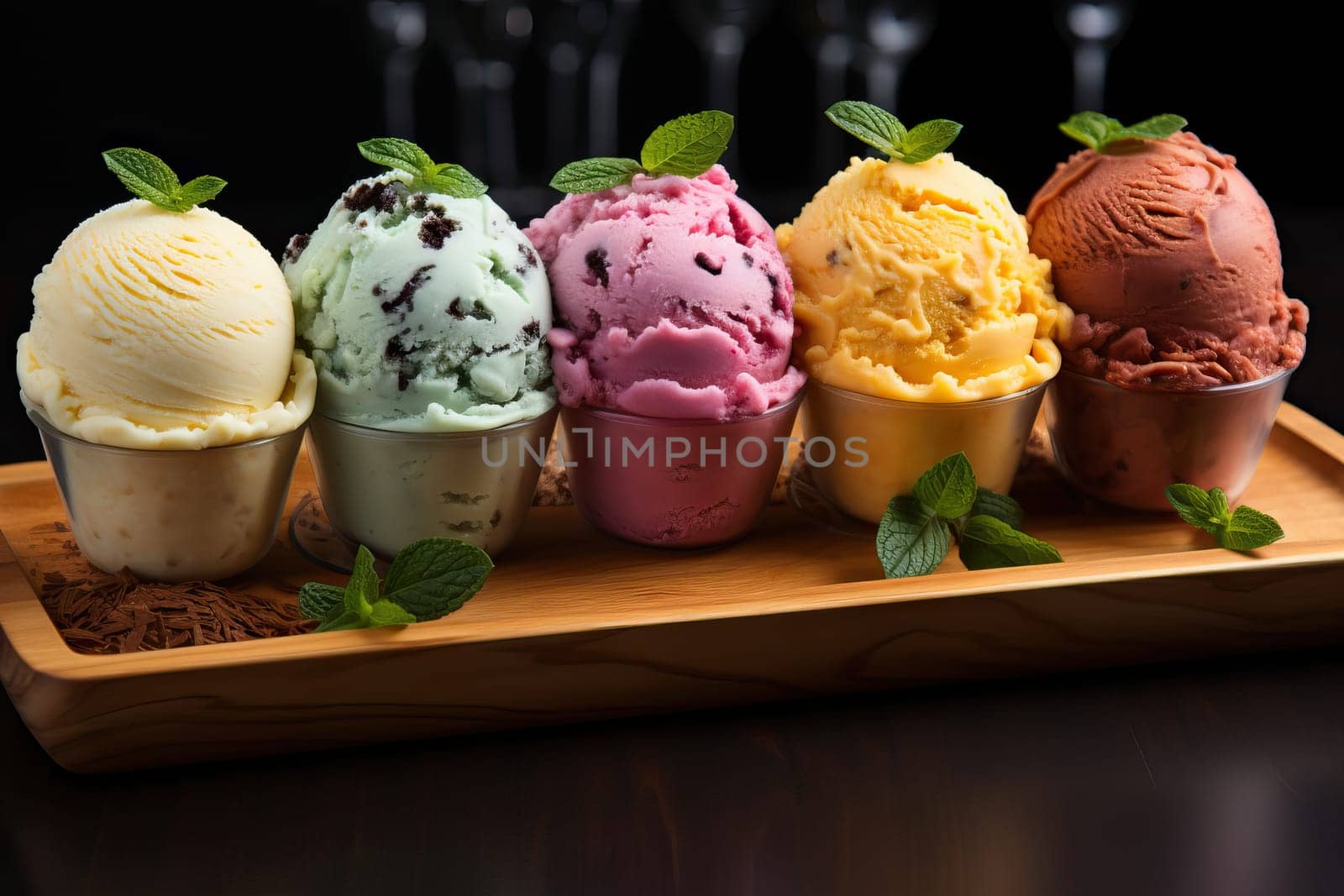 Set of colorful and different flavored ice creams on a tray, ice cream in a gelato shop close-up.