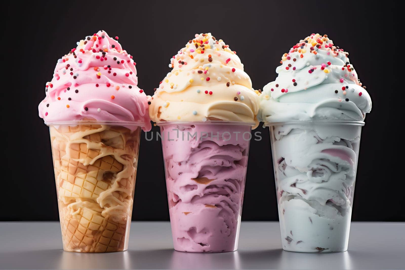 Mixed ice cream with different flavors and colored small balls decorations on a black background.