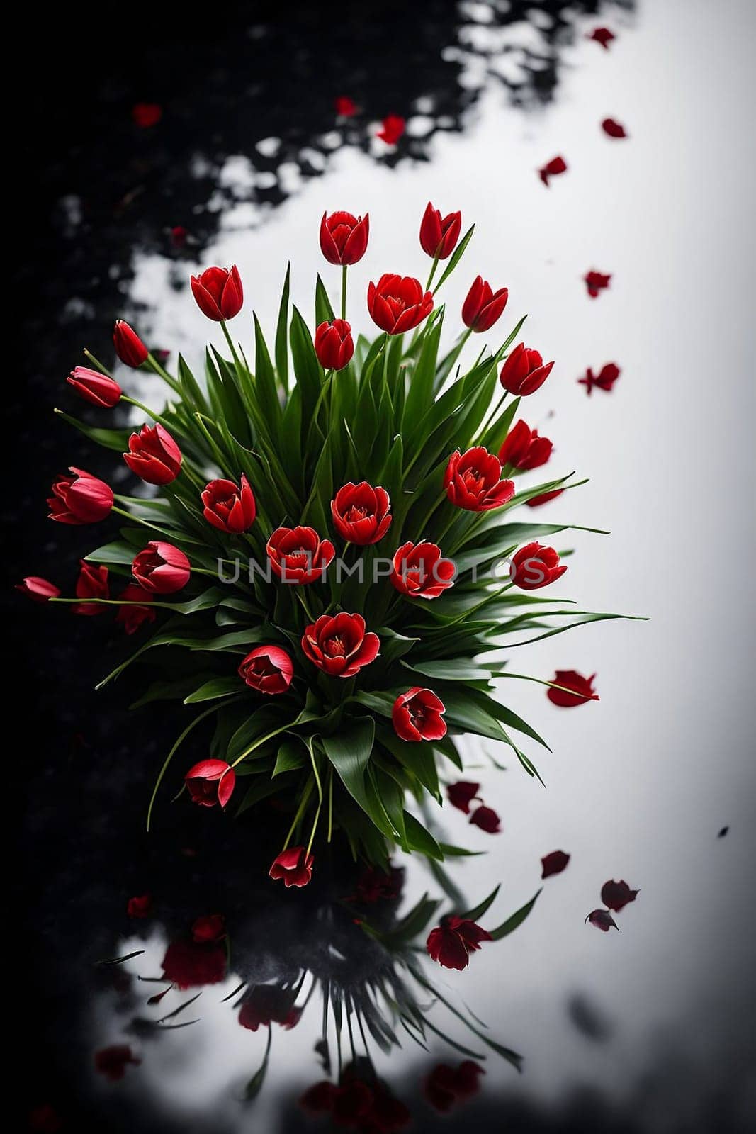 bouquet of red tulips on an abstract black and white background. AI generated image.