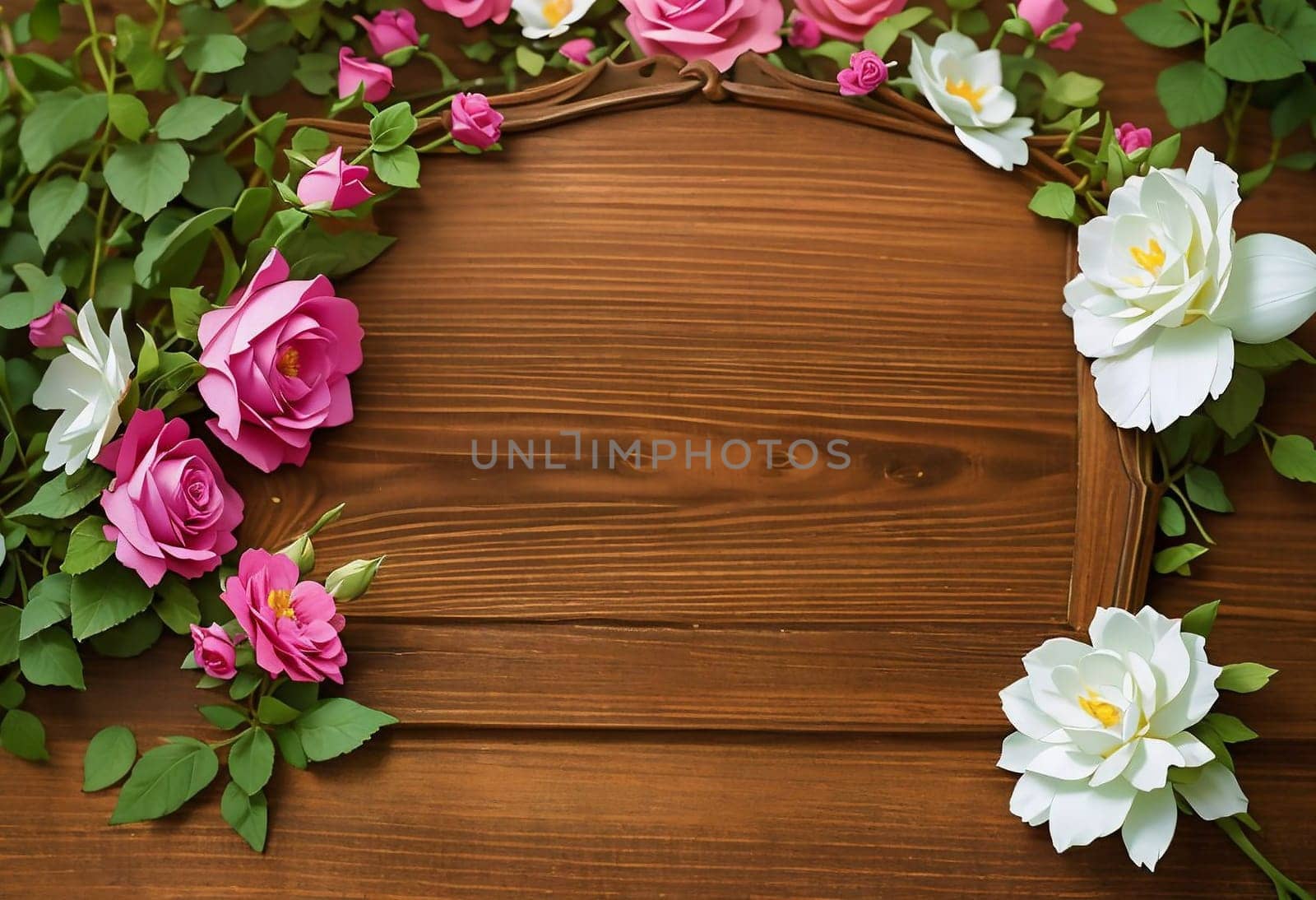 Floral background of pink and white roses on a dark wooden table. AI generated image.