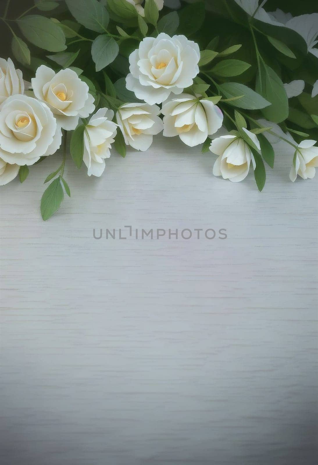 beautiful background of many white roses on a light wooden. AI generated image.